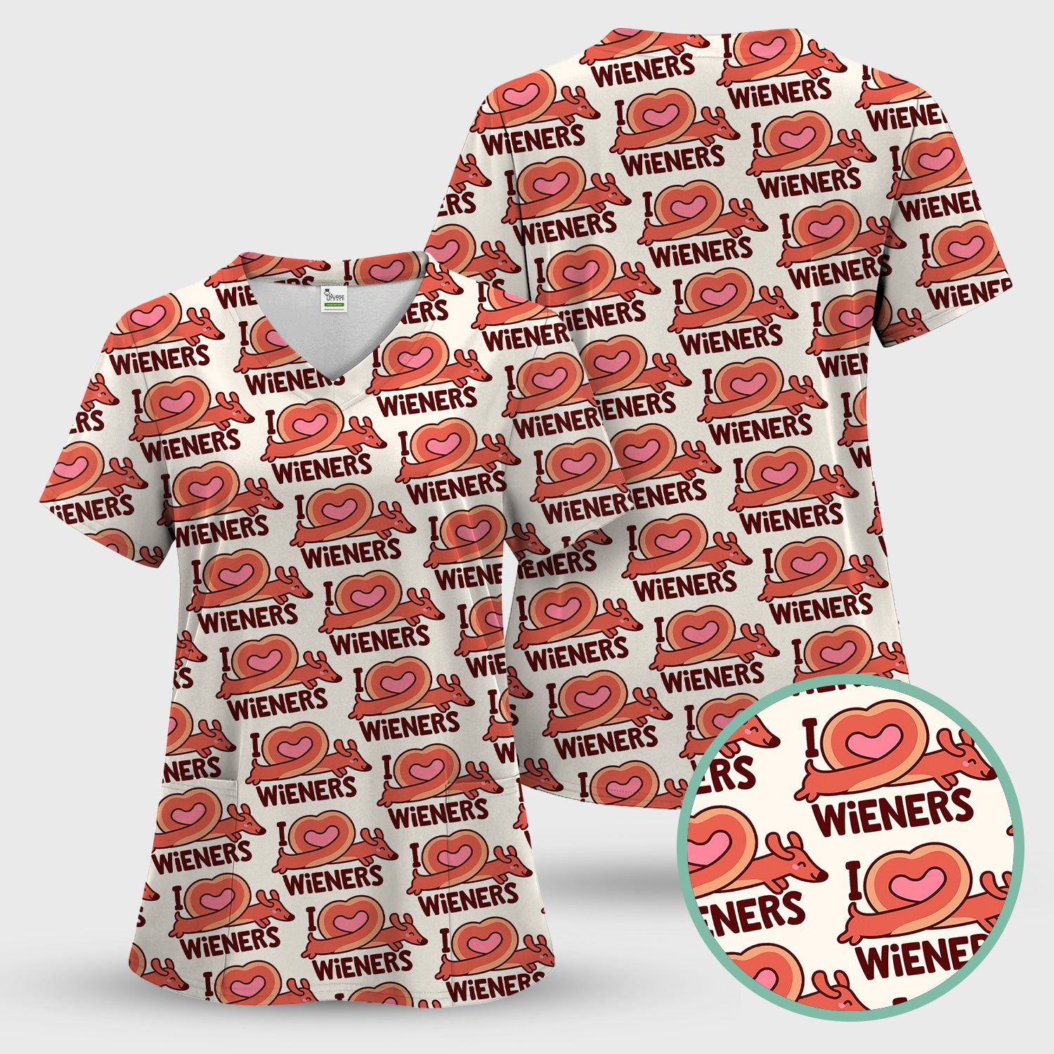 I Love Wieners Dachshund Heart Pattern Scrub Set, Scrub Pants and V Neck Top