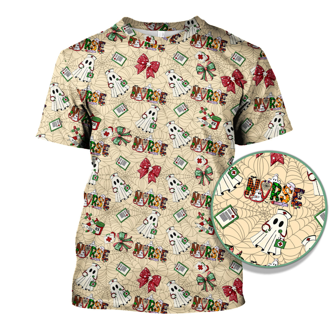 Custom Halloween Scrub Top for Nurses - Funny Ghost and Web Scrub Shirt Multi Color - Cute Spooky Nursing Workwear with Pockets