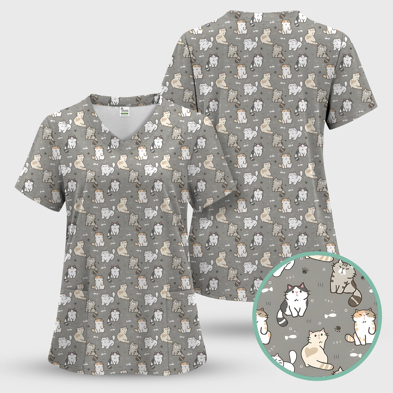 Pastel Cat Scrub Top, Cute Cat Pattern Nurse Shirt, Breathable Fabrics Nursing Uniform