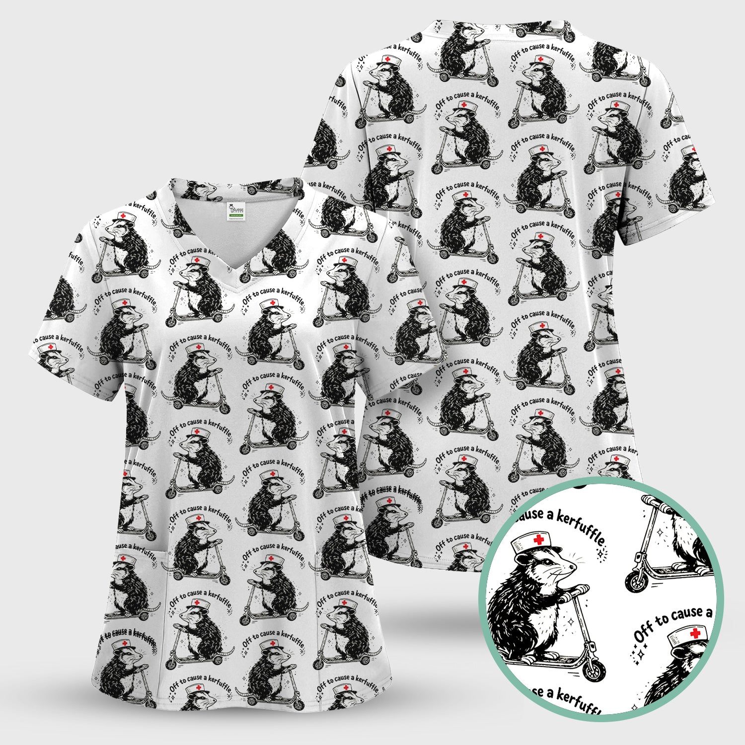 Funny Opossum Nurse Riding Scooter Pattern Scrubs Top, Breathable Fabrics Nursing Uniform