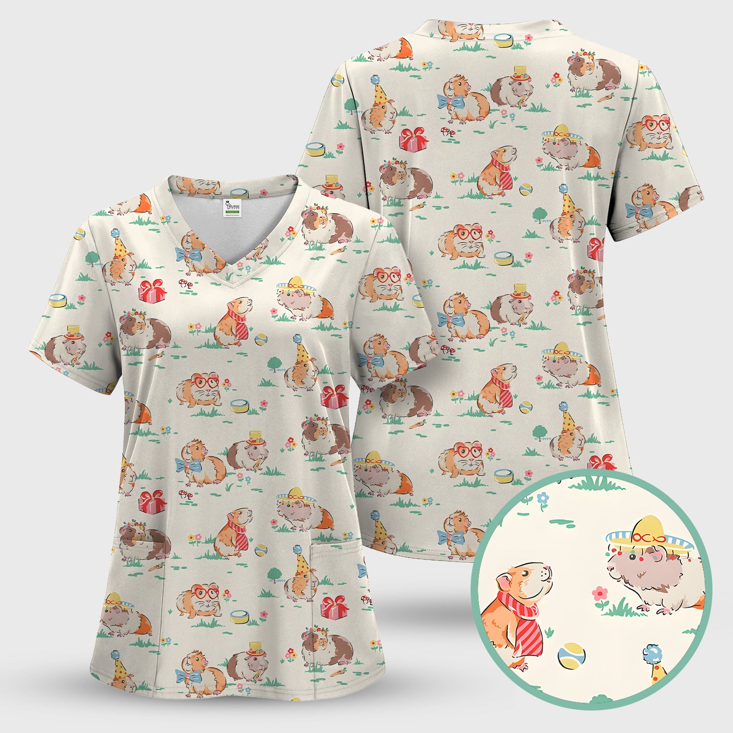 Cute Guinea Pig Party Nurse Pattern Scrub Set, Scrub Pants and V Neck Top