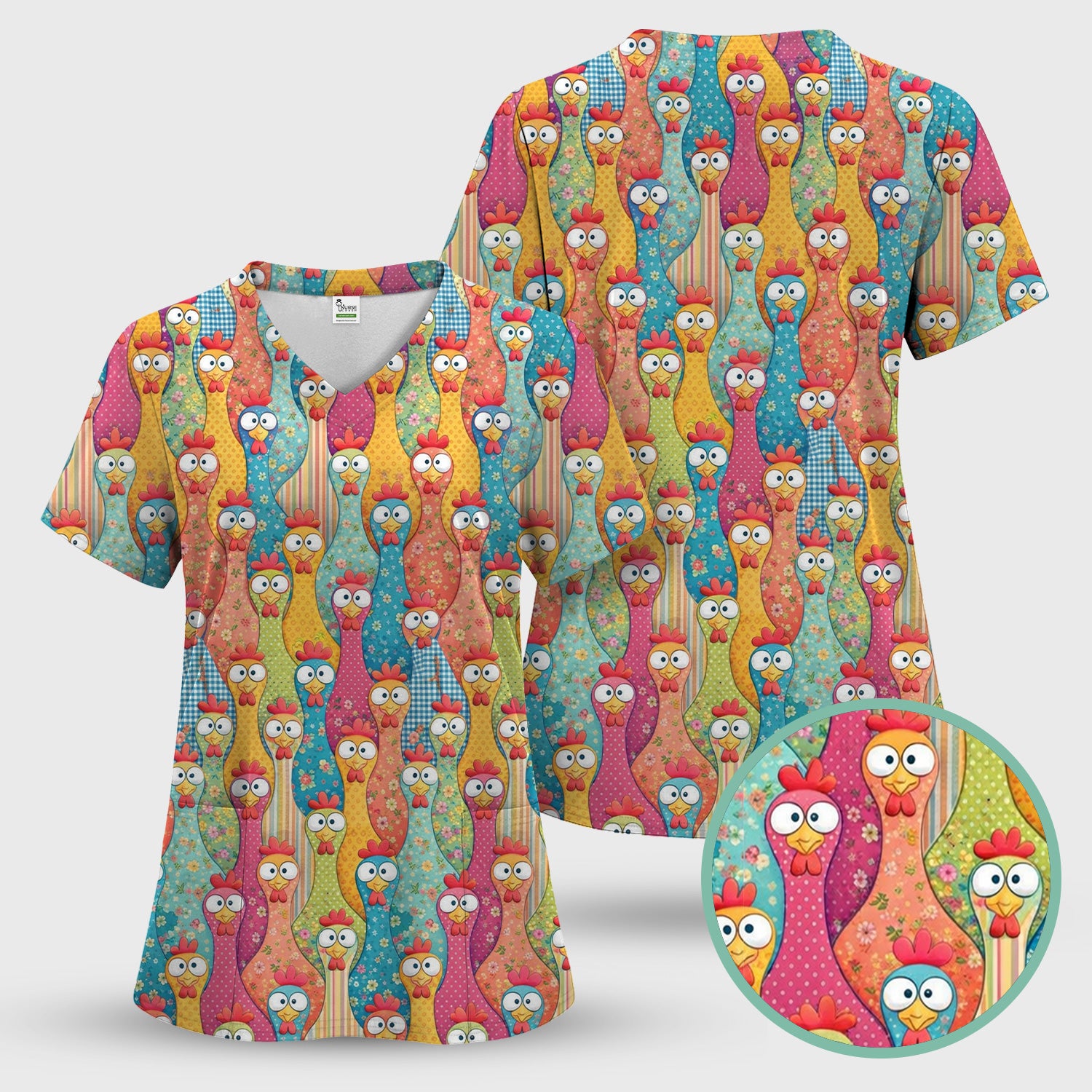 Funny Farm Chicken Cartoon Pattern Scrub Top, Comfortable Scrubs for Nurses