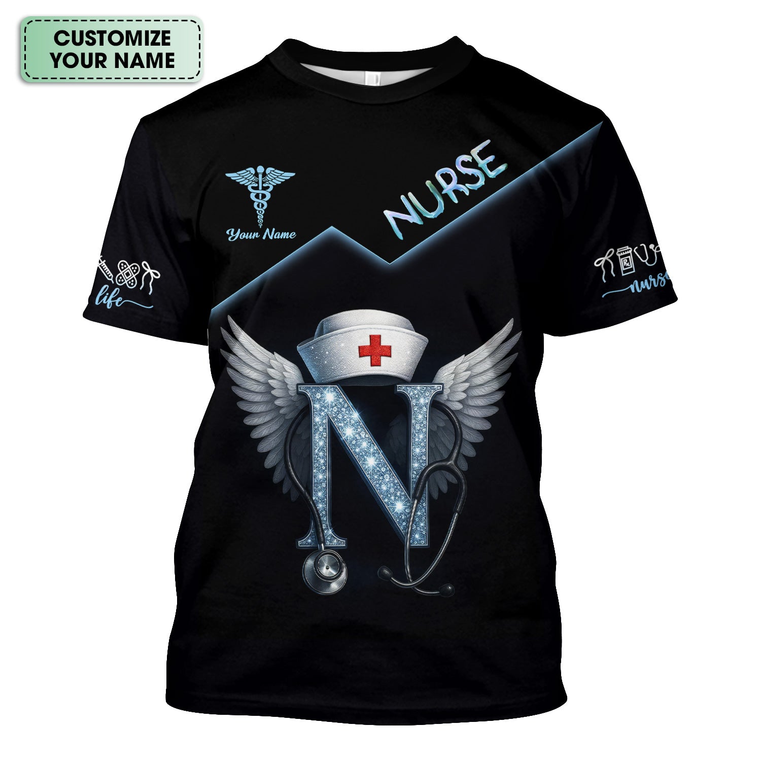 Funny Nurse T-shirt with Glowing 'N' Design - Customizable with Stethoscope & Wings Design - Perfect for RN, CNA, LPN, Healthcare Professionals