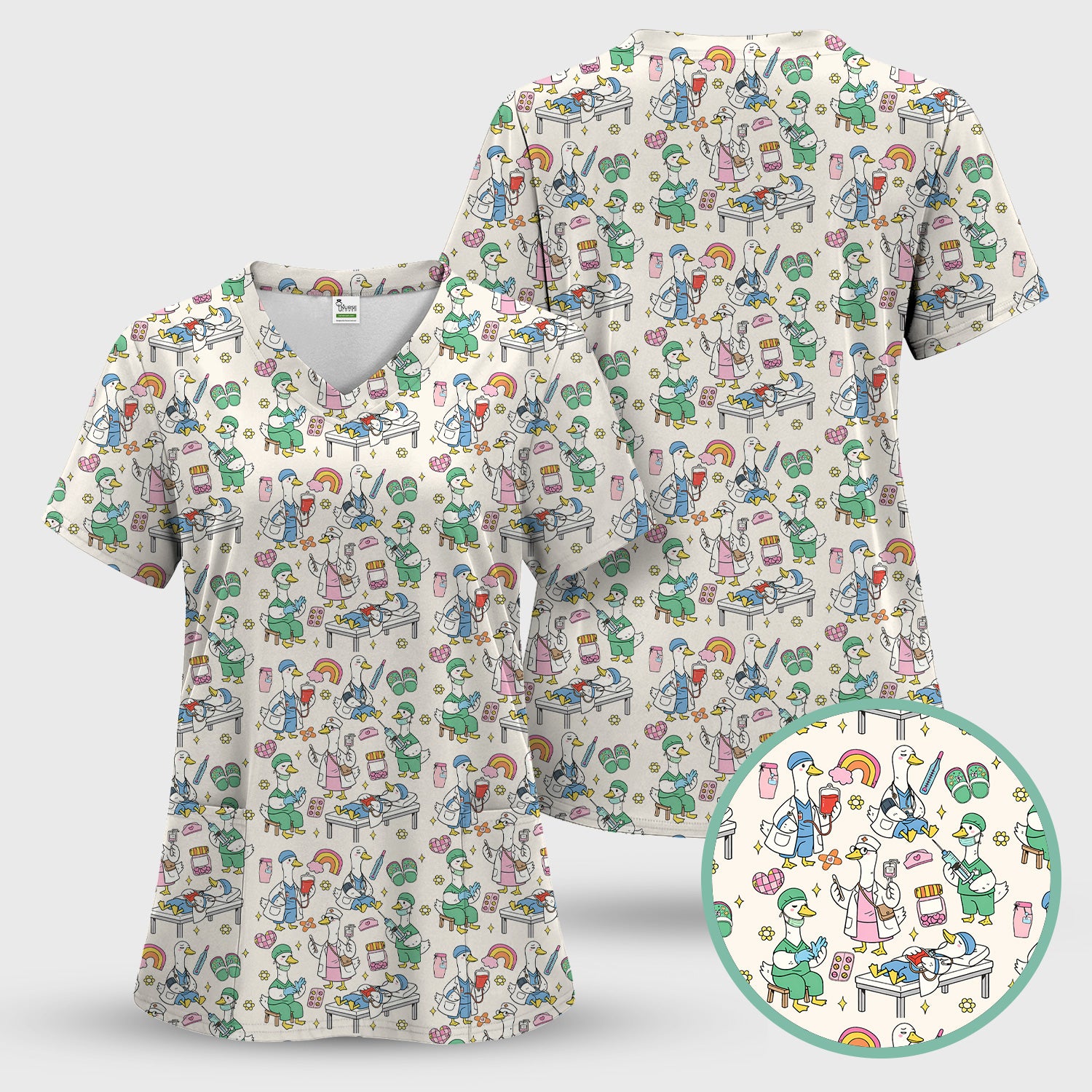 Funny Nurse Duck Medical Doodle Pattern Scrub Top, Comfortable Nurse Workwear Top