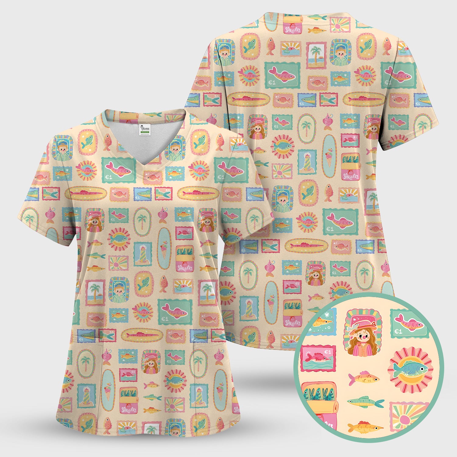 Coastal Vintage Postage Stamp Pattern Scrub Set, Scrub Pants and V Neck Top
