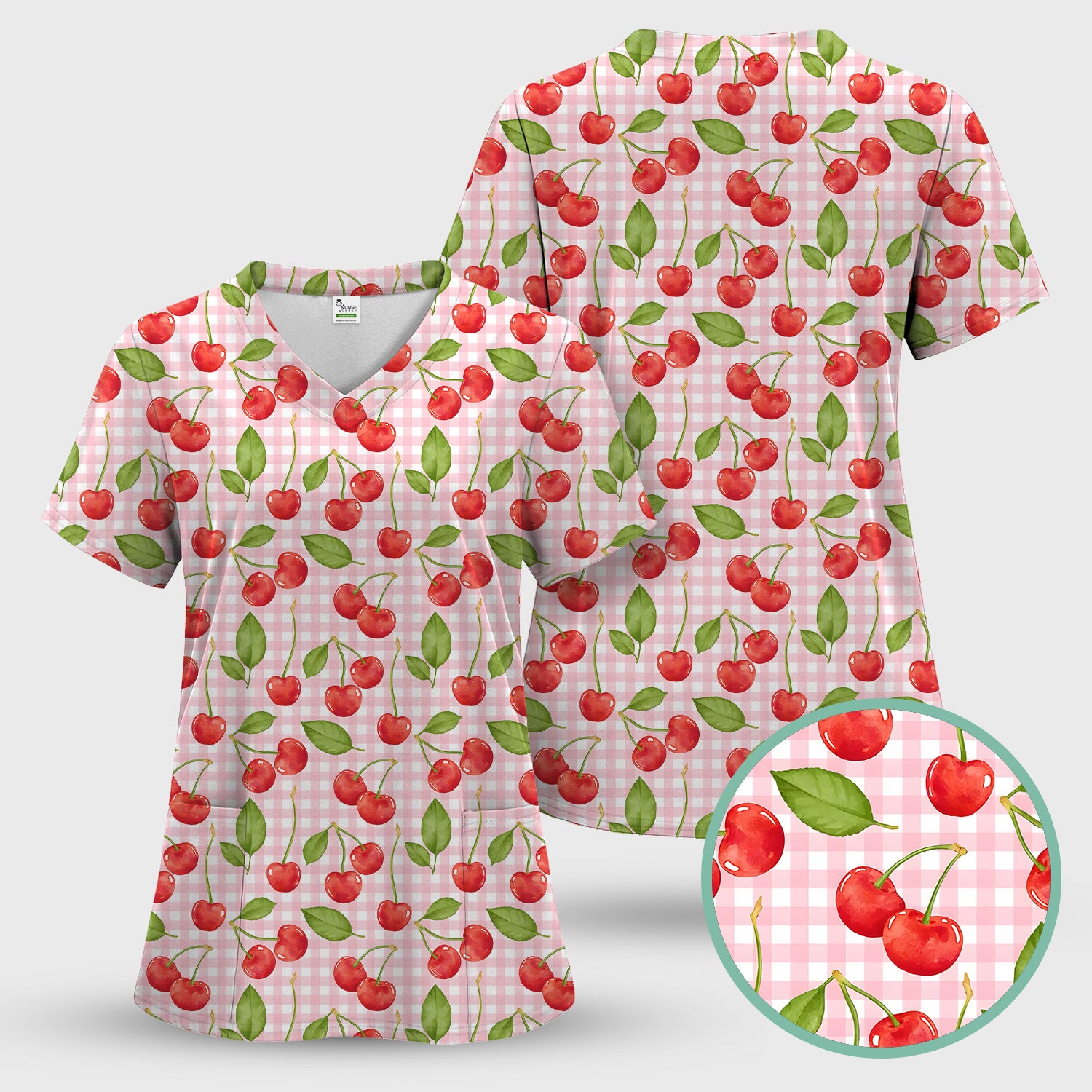 Sweet Red Cherry Gingham Pattern Scrub Set, Scrub Pants and V Neck Top