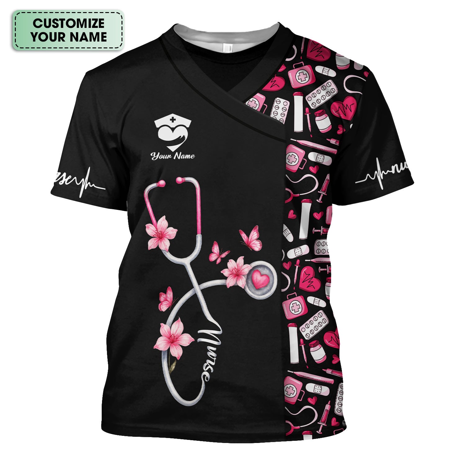 Custom Cute Floral Nurse Scrub Top for Women - Medical Uniform with Stethoscope Design - Comfortable Workwear for RN, CNA, LPN, Medical Staff