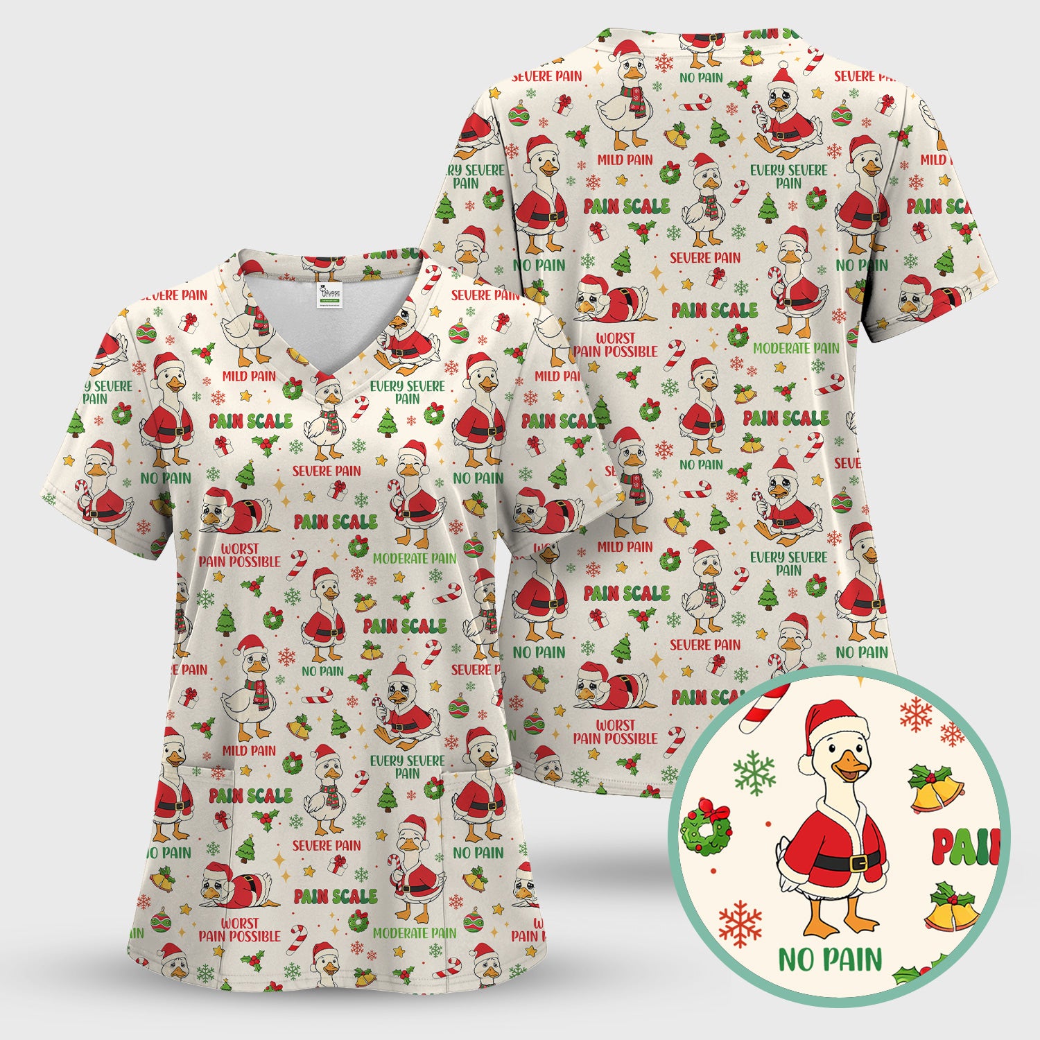 Funny Goose Christmas Scrub Top - Pain Scale Nurse Pattern Shirt - Cute Holiday Medical Scrubs for Women