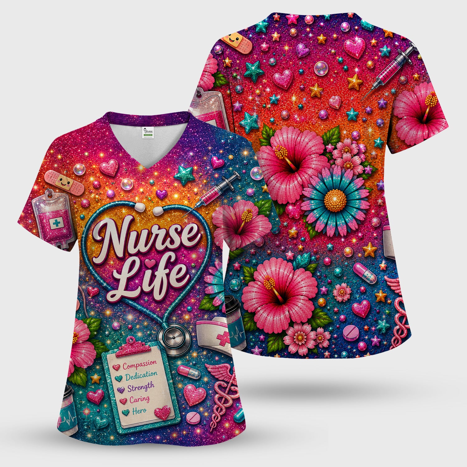 Colorful Nurse Life Heart Pattern Scrub Set, Scrub Pants and V Neck Top