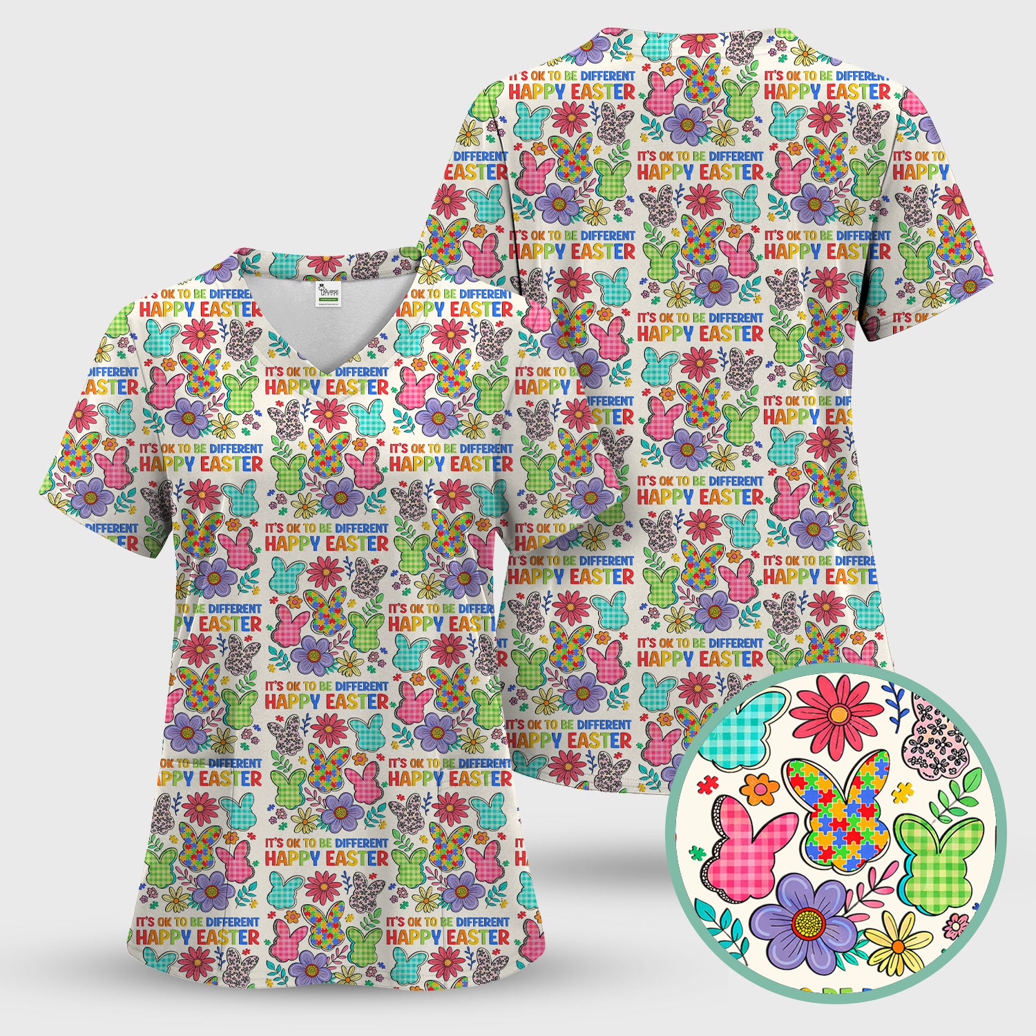 Happy Easter Bunny Floral Print Scrub Top, Breathable Fabrics Nursing Uniform