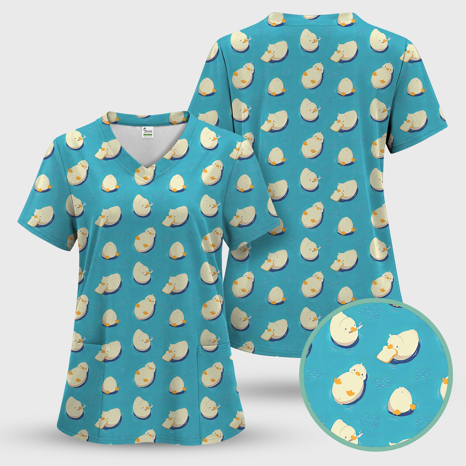 Cute Blue Duck Pond Pattern Scrub Top, Comfortable Scrubs For Nurses