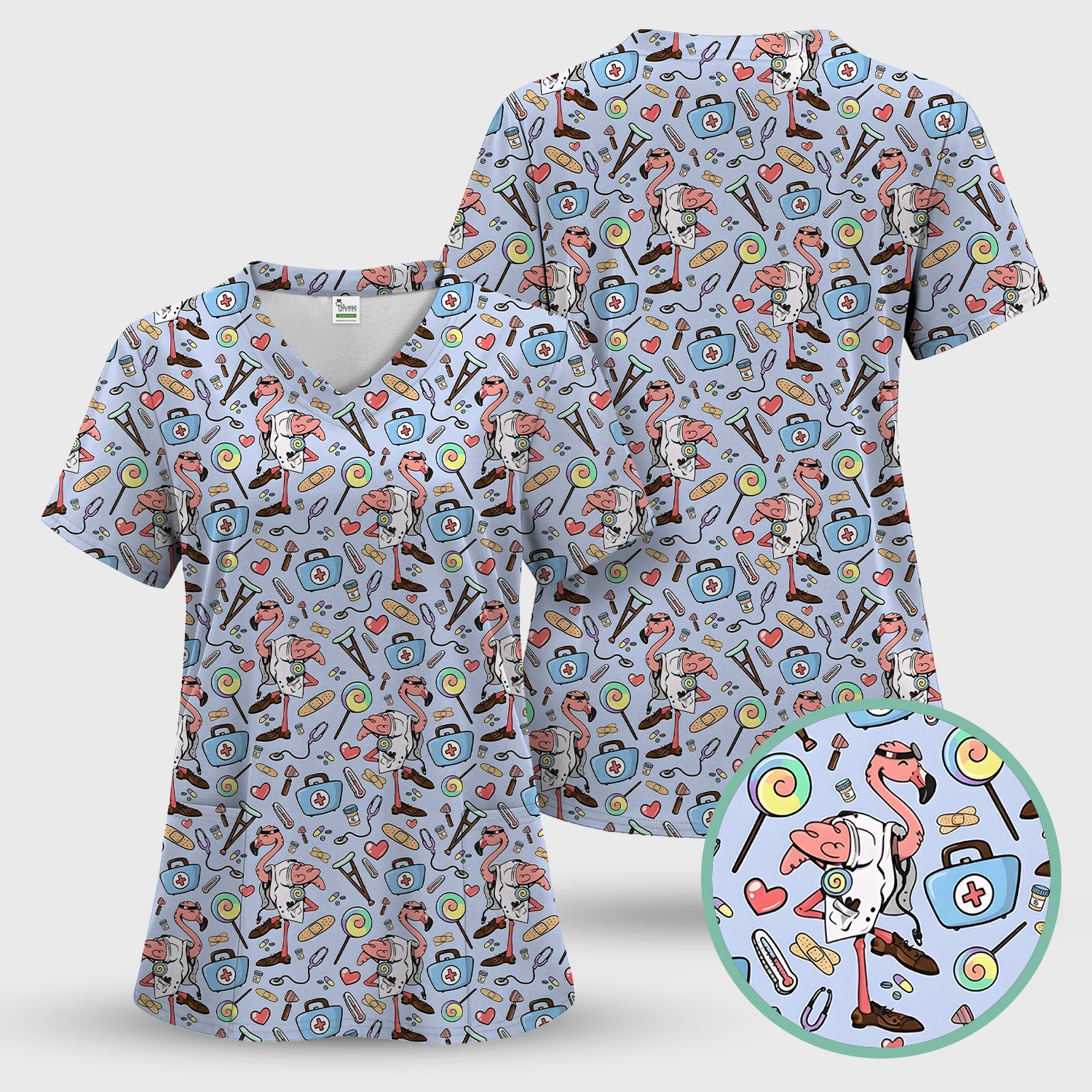 Flamingo Nurse Medical Care Pattern Scrub Set, Scrub Pants and V Neck Top