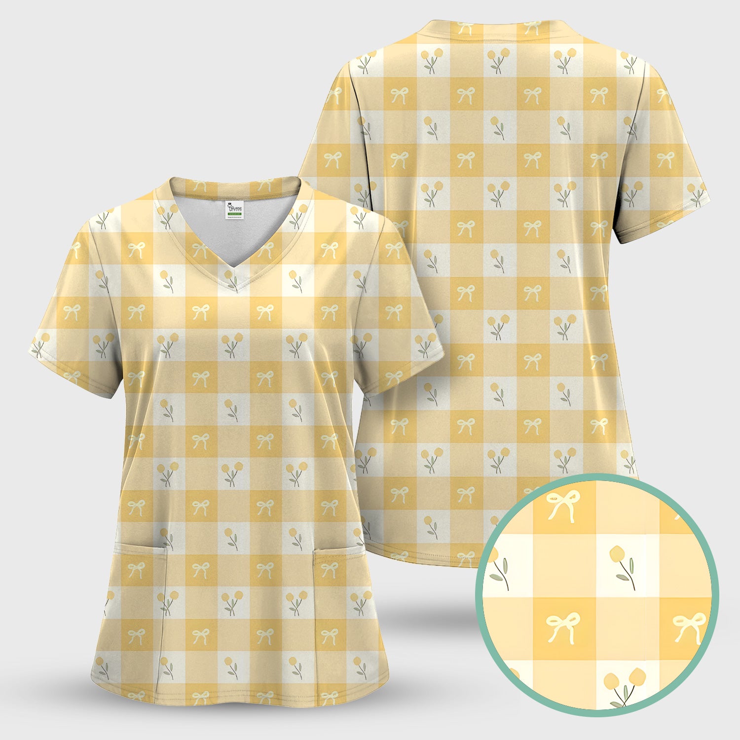 Yellow Gingham Bow Floral Pattern Scrub Set, Scrub Pants and V Neck Top