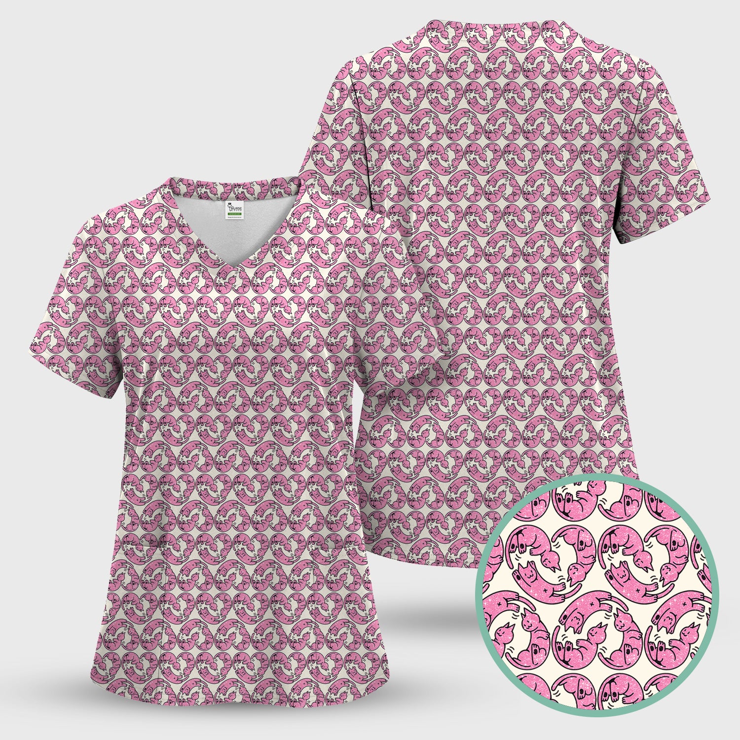 Cute Pink Cat Cartoon Pattern Scrub Top, Comfortable Scrubs for Nurses