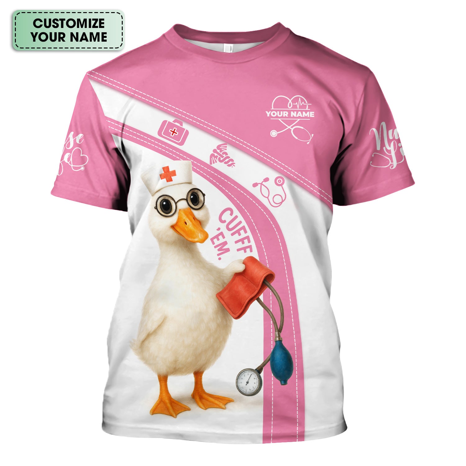 Personalized Nursing Humor Scrub for Women - Funny Duck with Stethoscope and Cuff Design - Custom Name Medical Gift for RN LPN CNA