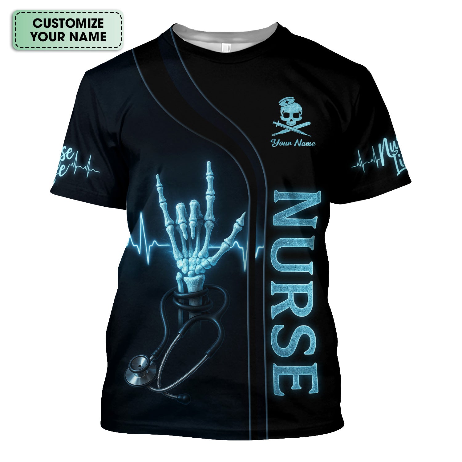 Custom Skeleton Hand Nurse Scrub Top - Rockin the Nurse Life  Quote - Gift for RN, CNA, LPN, Healthcare Worker