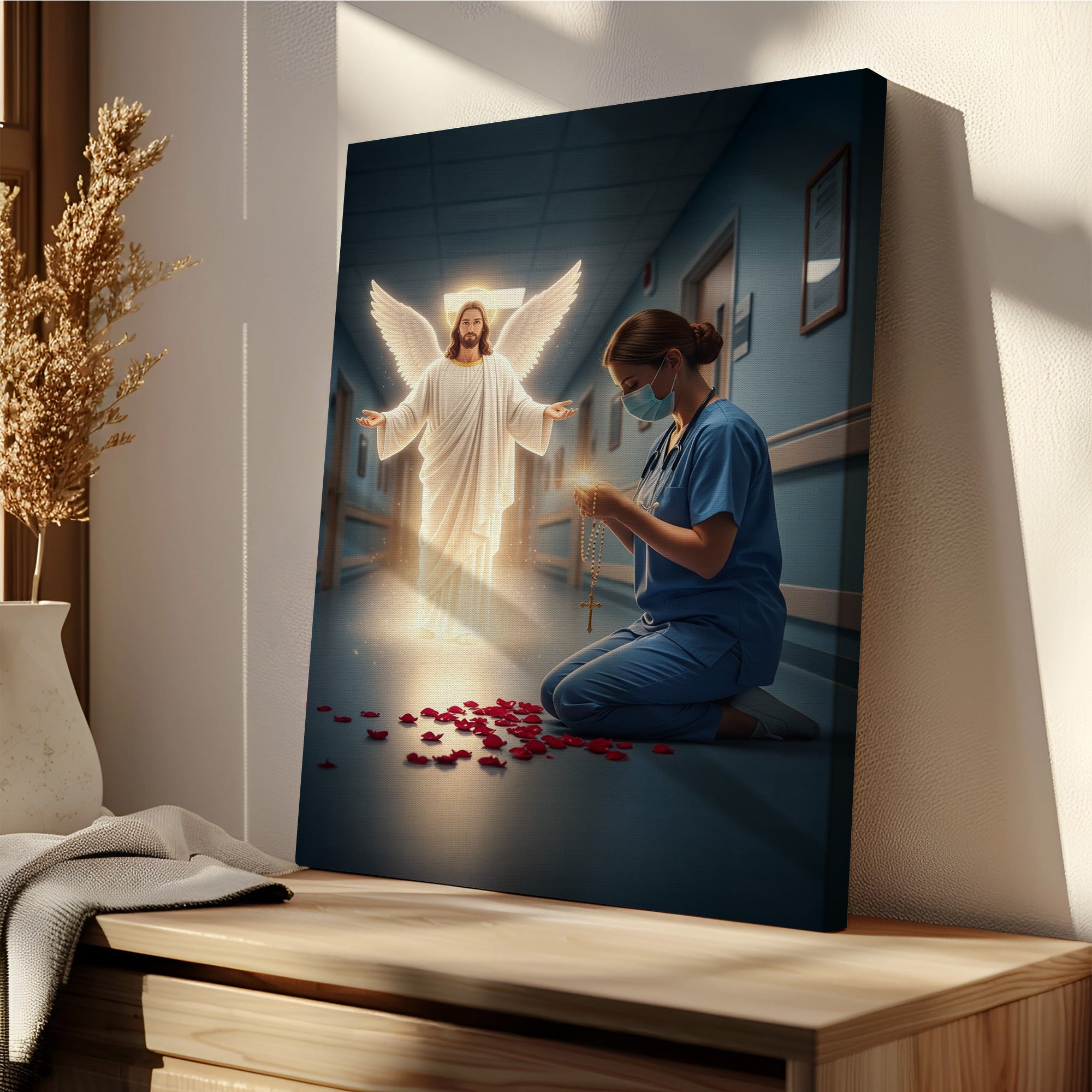 Christian Nurse Praying Canvas, Jesus Christ Angel and Nurse with Rosary Wall Art, RN LPN CNA Gift