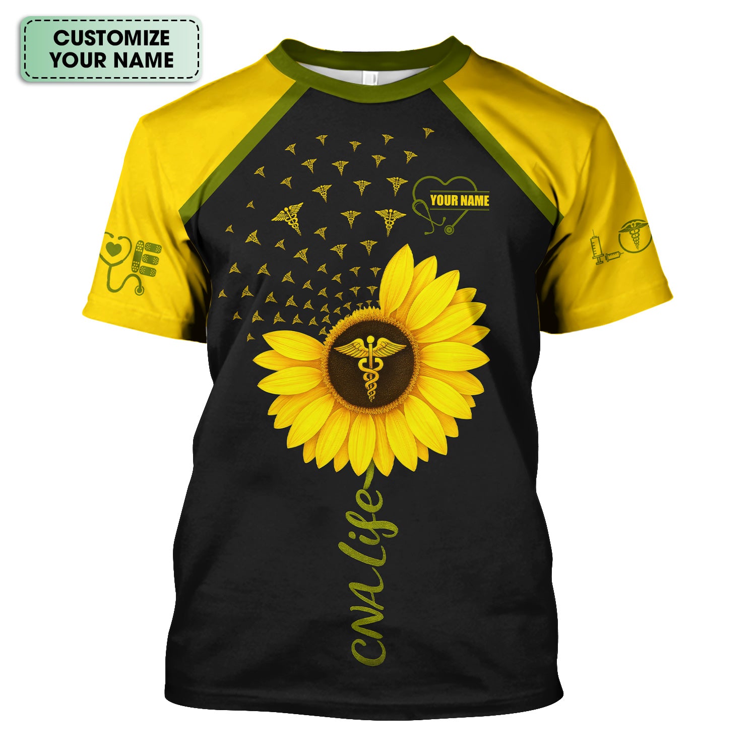 Personalized CNA Sunflower Shirt - Custom Name & Caduceus Symbol Design - Gift for RN LPN Healthcare Workers