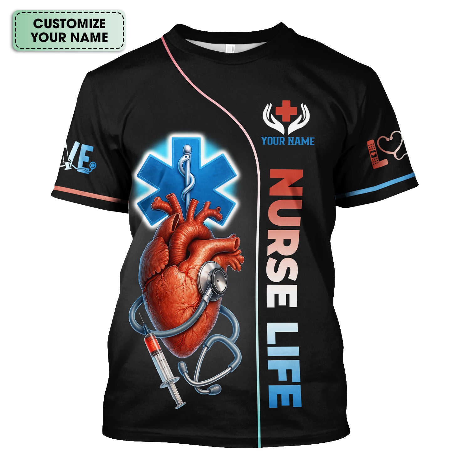 Personalized Nurse Life T-Shirt - Custom Anatomical Heart & Stethoscope Design - Gift for Registered Nurses & EMT Staff