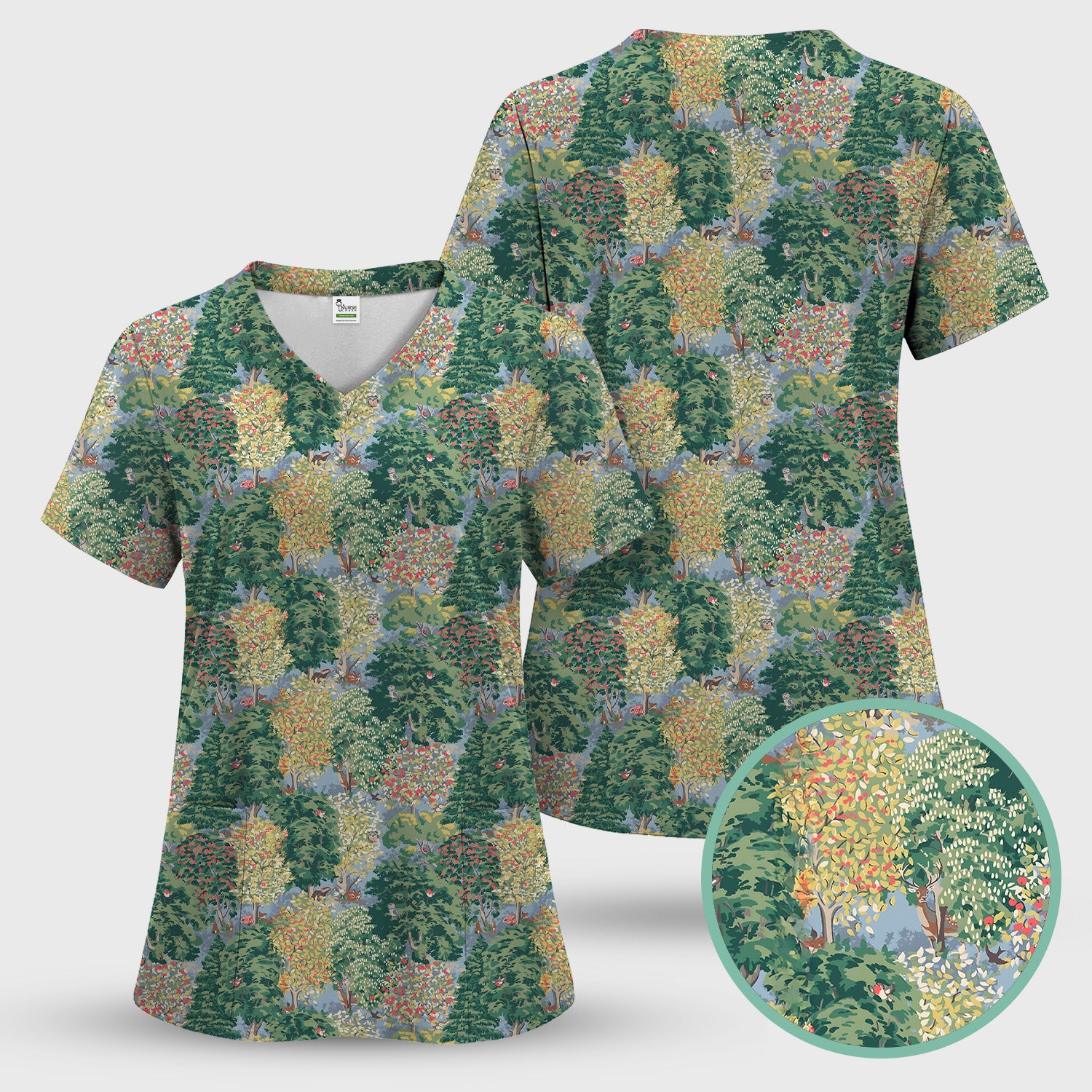 Forest Landscape Pattern Scrub Set, Scrub Pants and V Neck Top