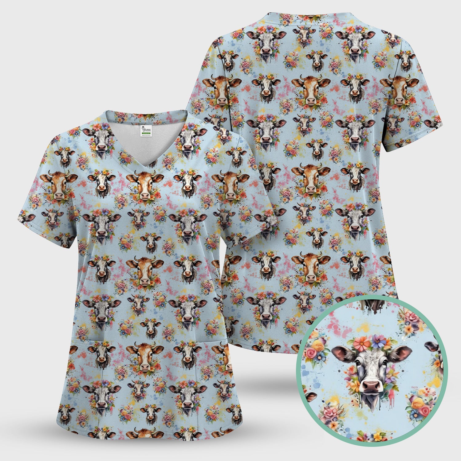 Cute Floral Cow Farm Animal Pattern Scrub Top, Comfortable Scrubs for Nurses