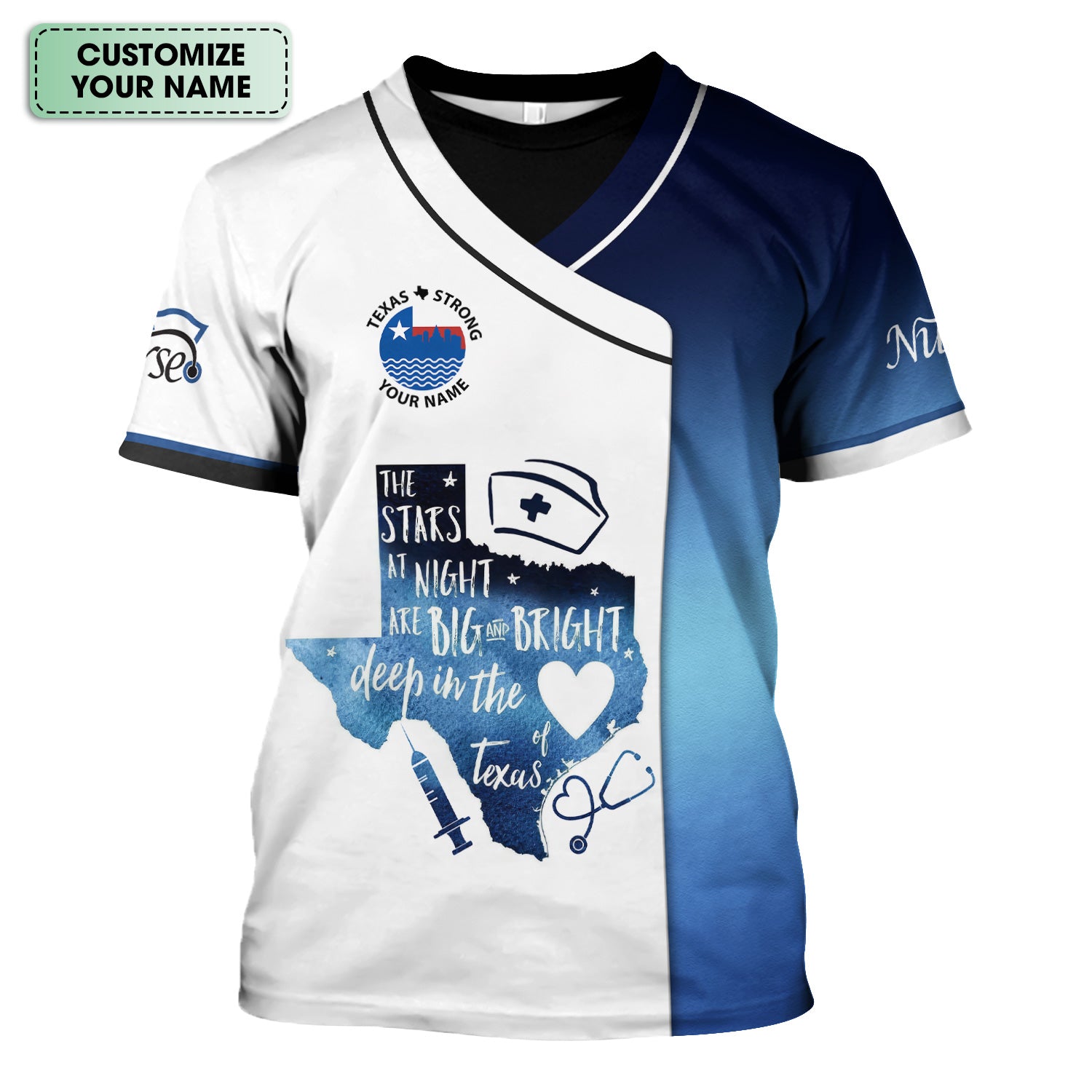 Custom Texas Nurse T-Shirt - 'The Stars at Night Are Big and Bright' with Stethoscope & Texas Map - Perfect Gift for RN, LPN