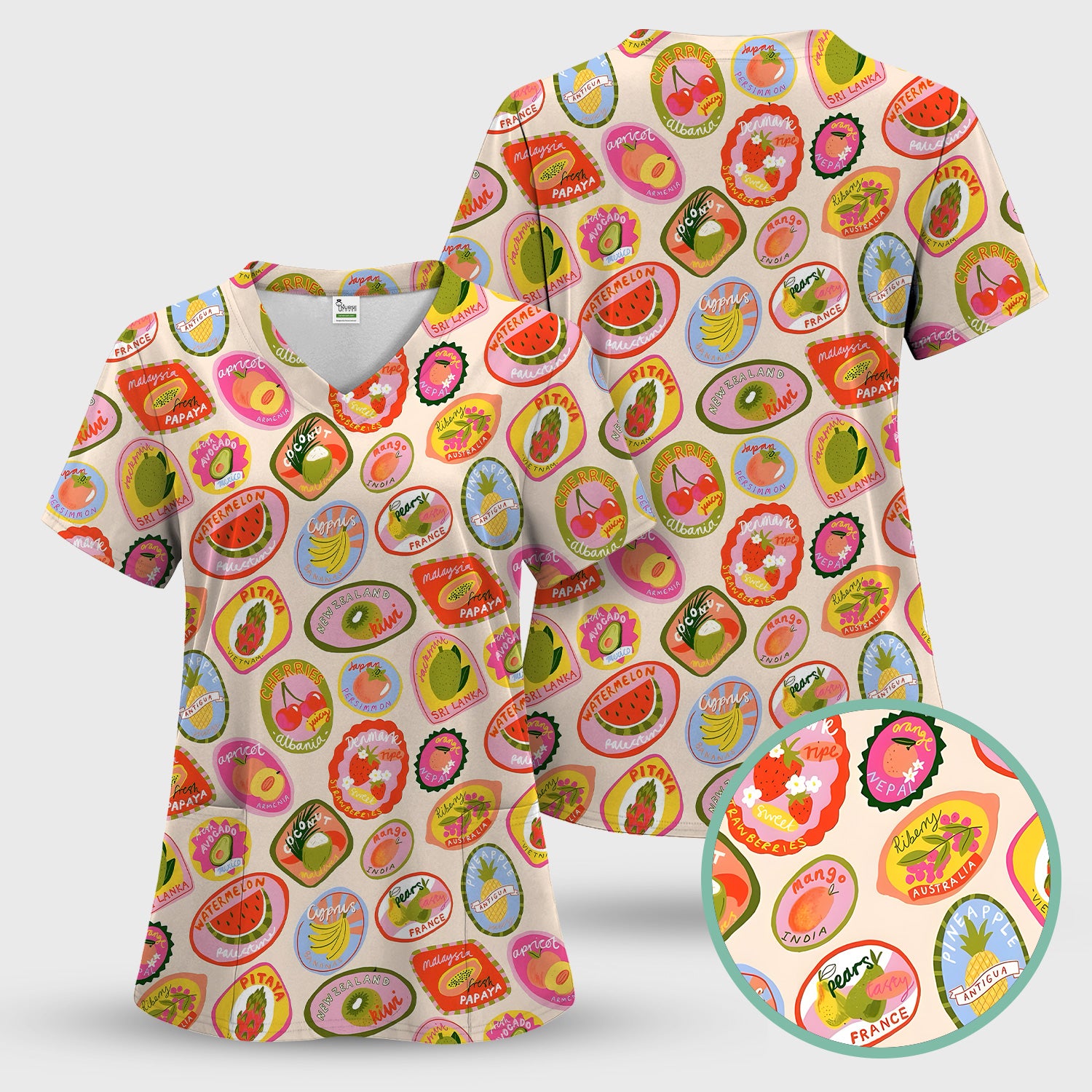 Summer Colorful Fruit Sticker Pattern Scrub Top, Comfortable Scrubs For Nurses
