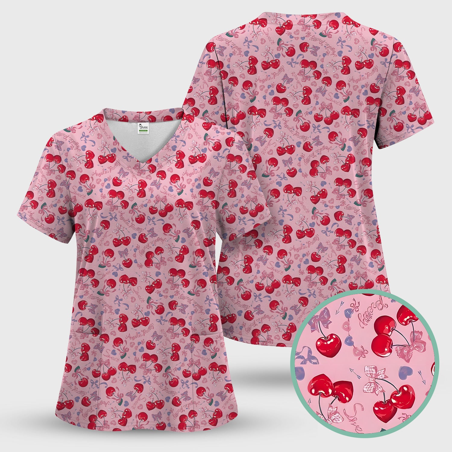 Cherry Blossom Scrub Top, Sweet Pink Nursing Uniform For Women