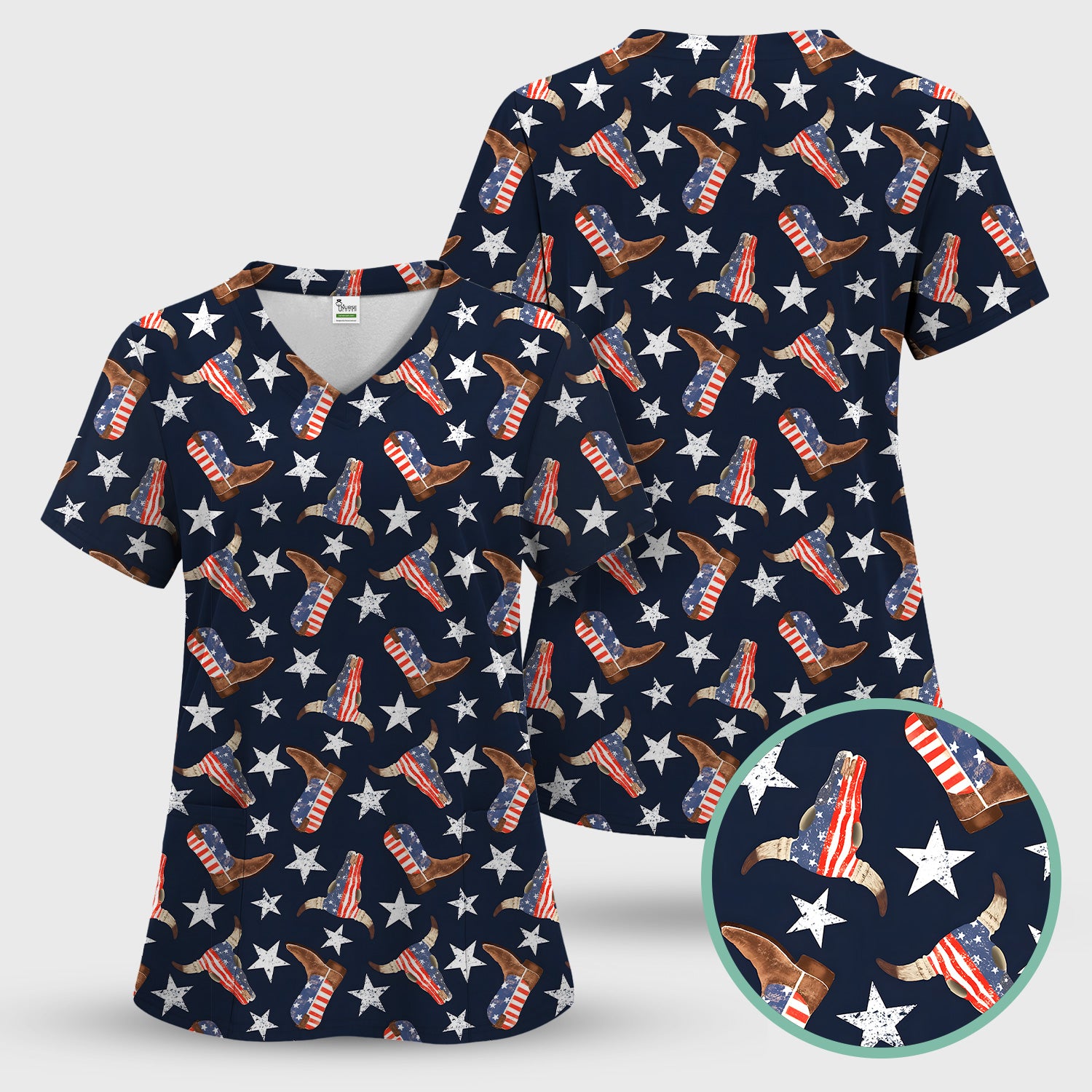 Western Boots Stars Pattern Scrub Top, Comfortable Scrubs for Nurses