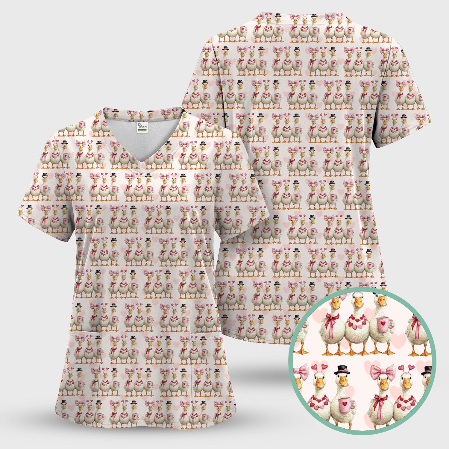 Charming Valentine Goose Heart Pink Design Scrub Top, Comfortable Scrubs for Nurses