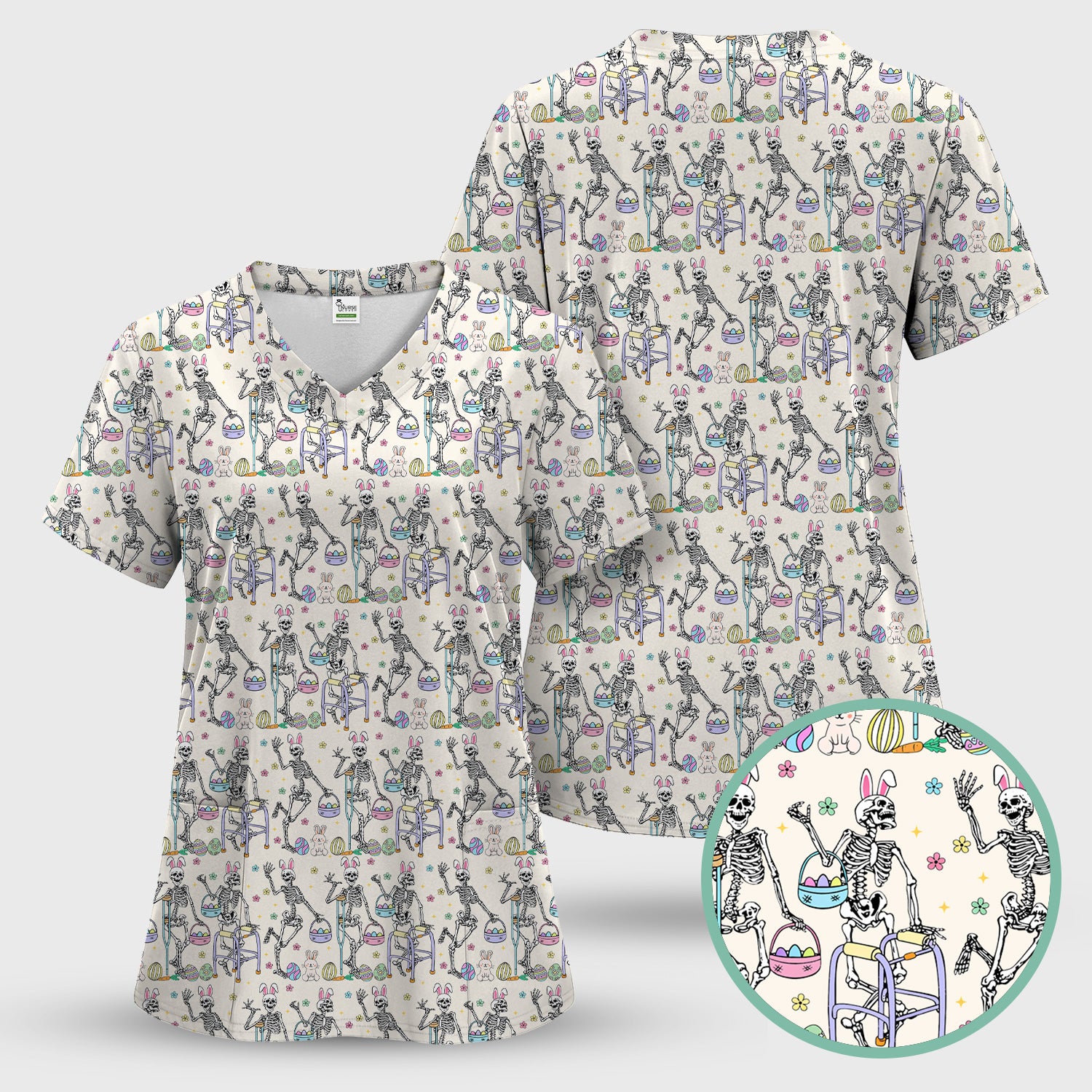 Fun Skeleton Bunny Easter Print Scrub Top, Comfortable Scrubs for Nurses