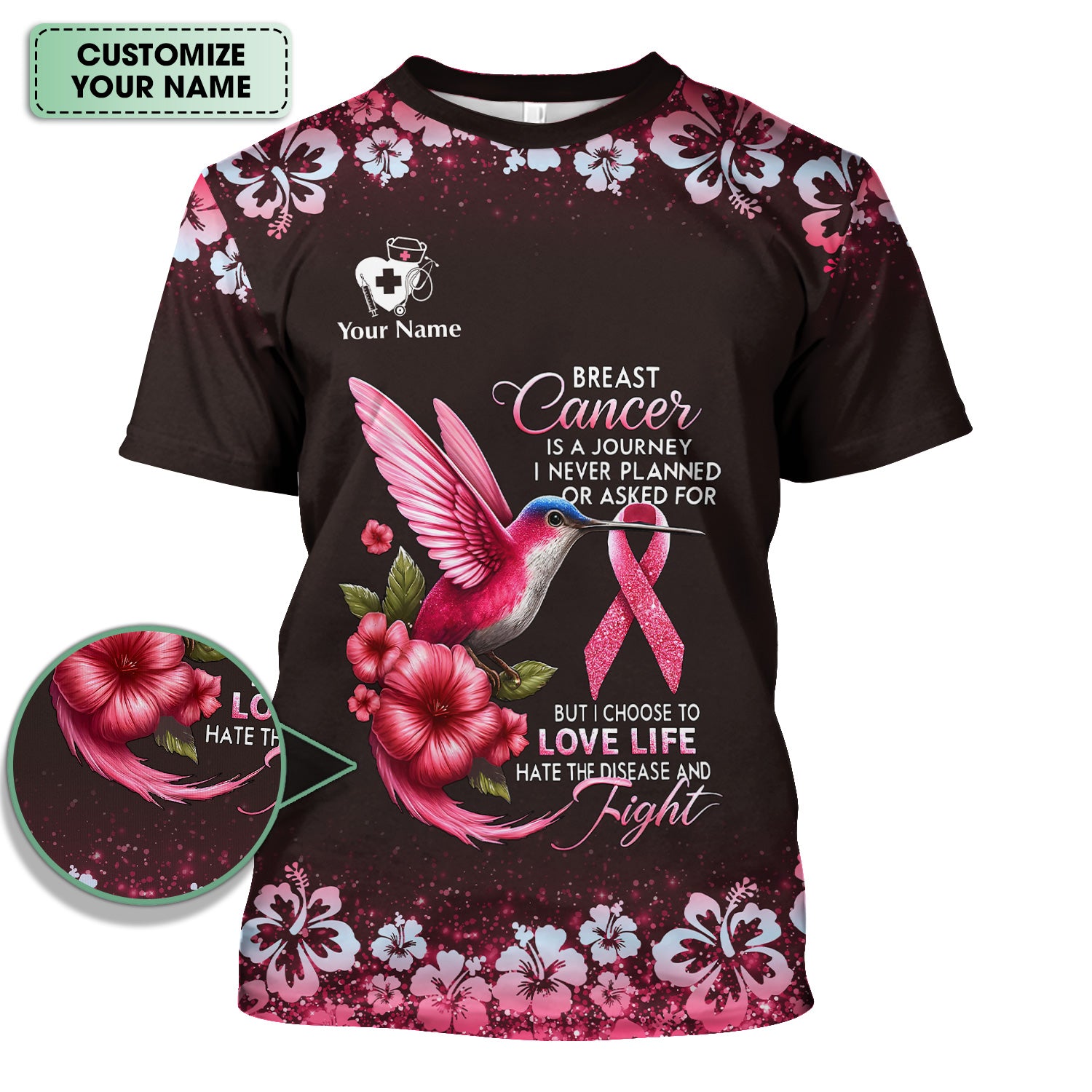 Custom Breast Cancer Awareness Shirt - Hummingbird Pink Ribbon Graphic Tee - Gift for RN LPN CNA
