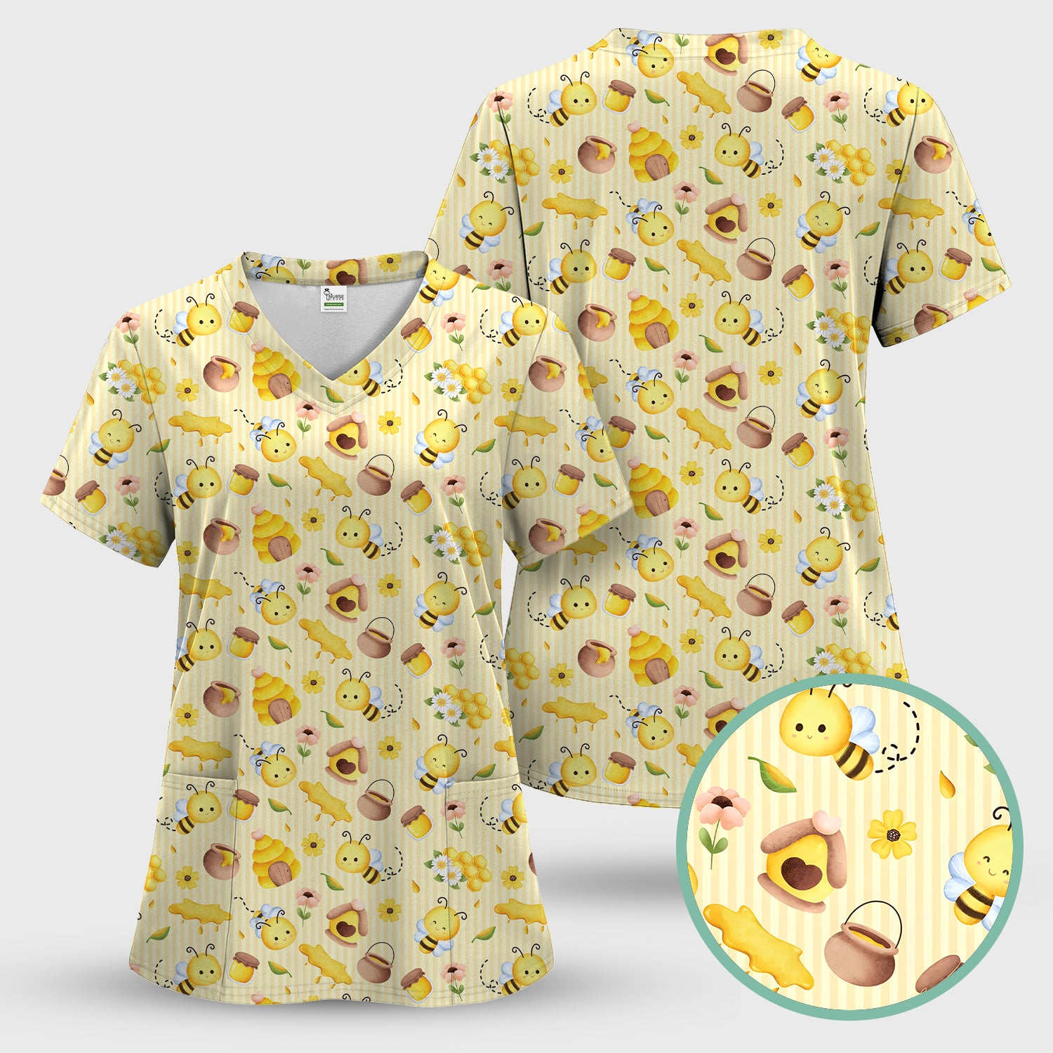 Cute Bee Honey Flower Stripe Pattern Scrub Set, Scrub Pants and V Neck Top