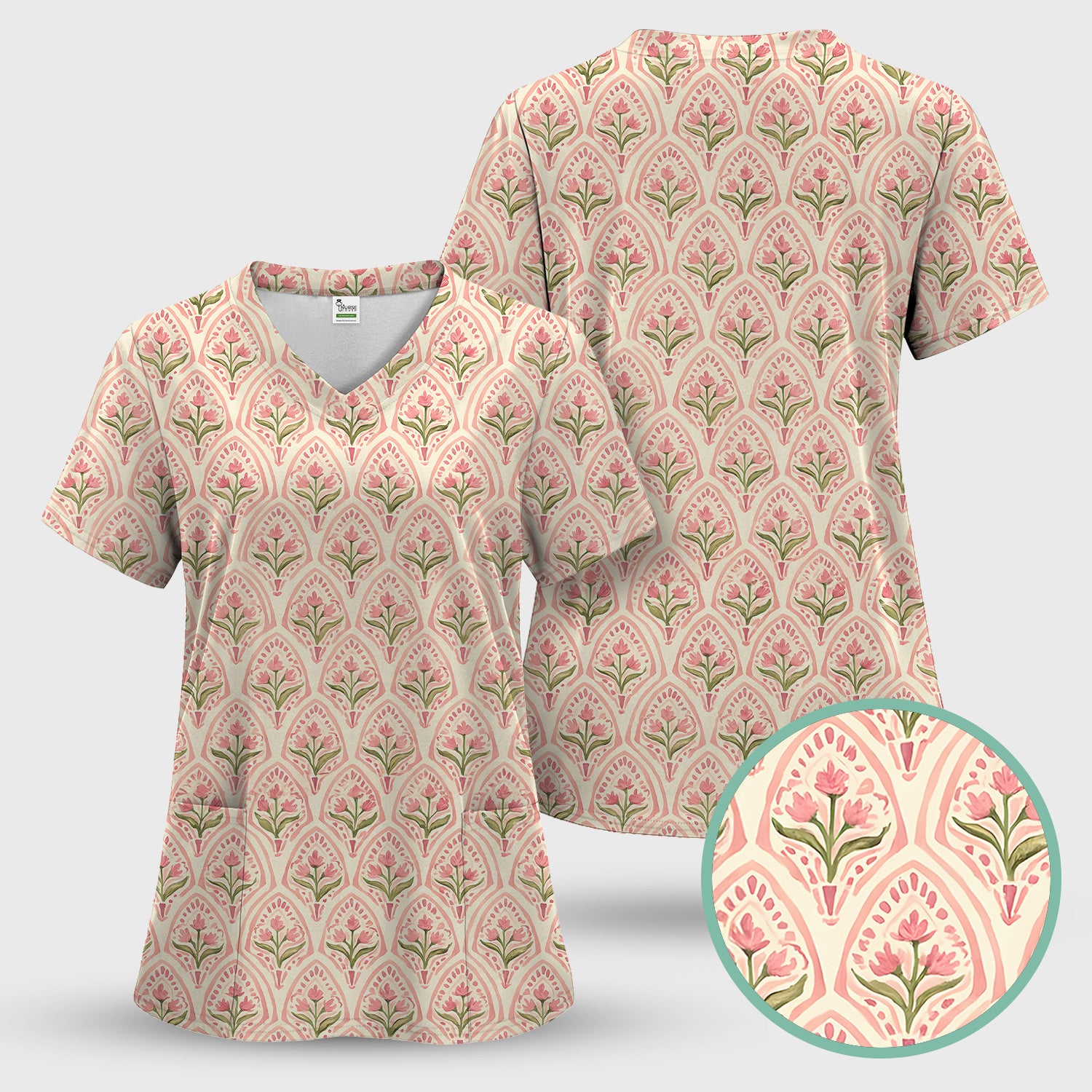 Pink Tulip Floral Arch Pattern Scrub Set, Scrub Pants and V Neck Top