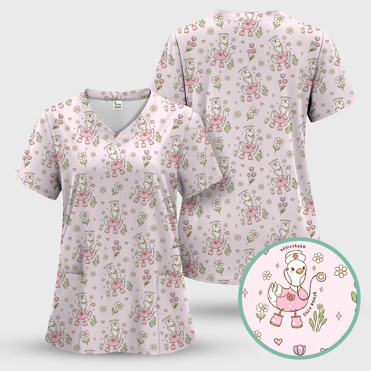 Funny Nurse Goose Daisy Print Scrub Top, Breathable Fabrics Nursing Uniform