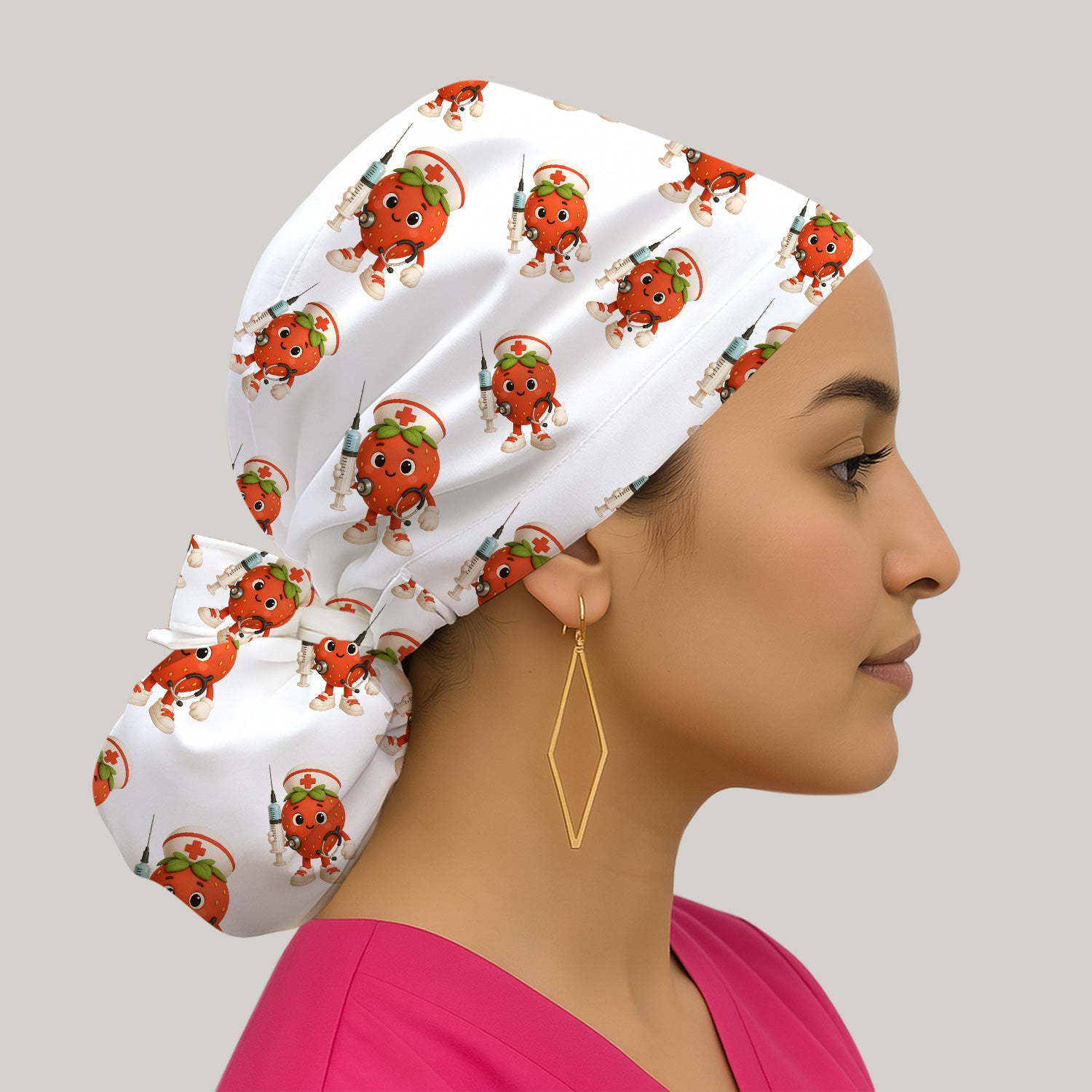 Personalized Cartoon Strawberry Nurse Scrub Cap - Adorable Syringe Medical Print Hat - Fun Nurse Gift for Women & Healthcare Workers