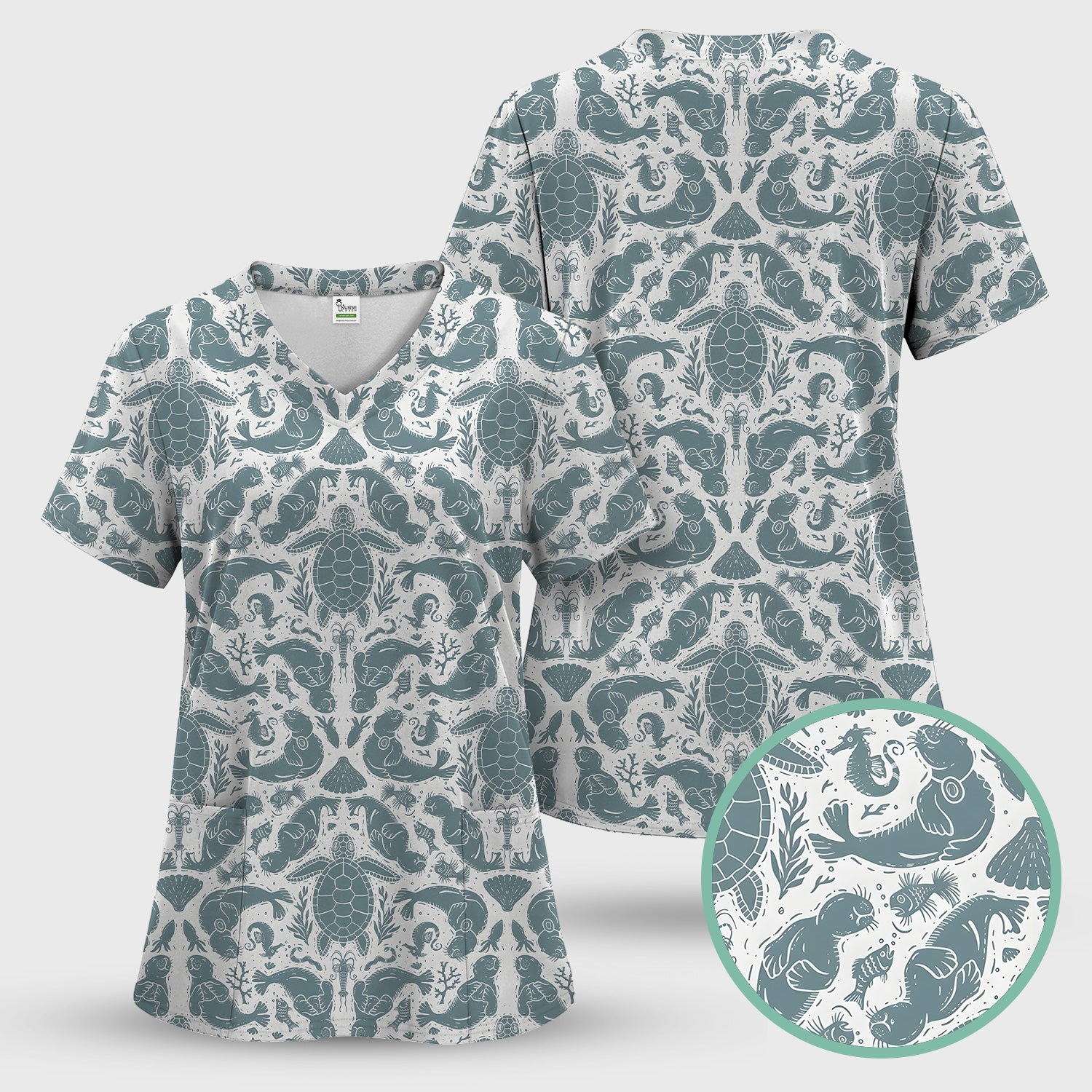 Ocean Sea Marine Life Pattern Scrub Top, Breathable Medical Scrubs
