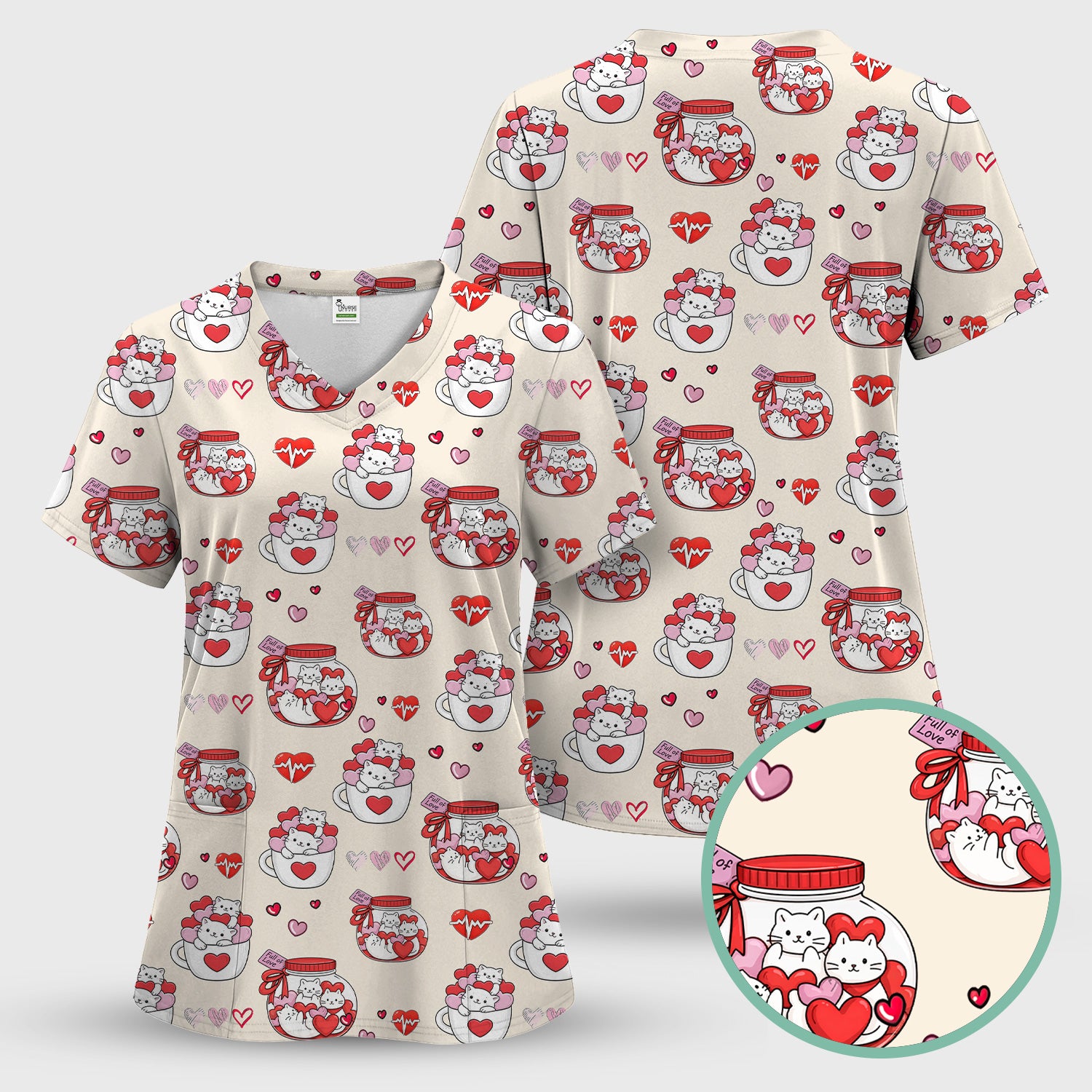 Cute Cat Valentine Nurse Scrub Top, Comfortable Scrubs for Nurses