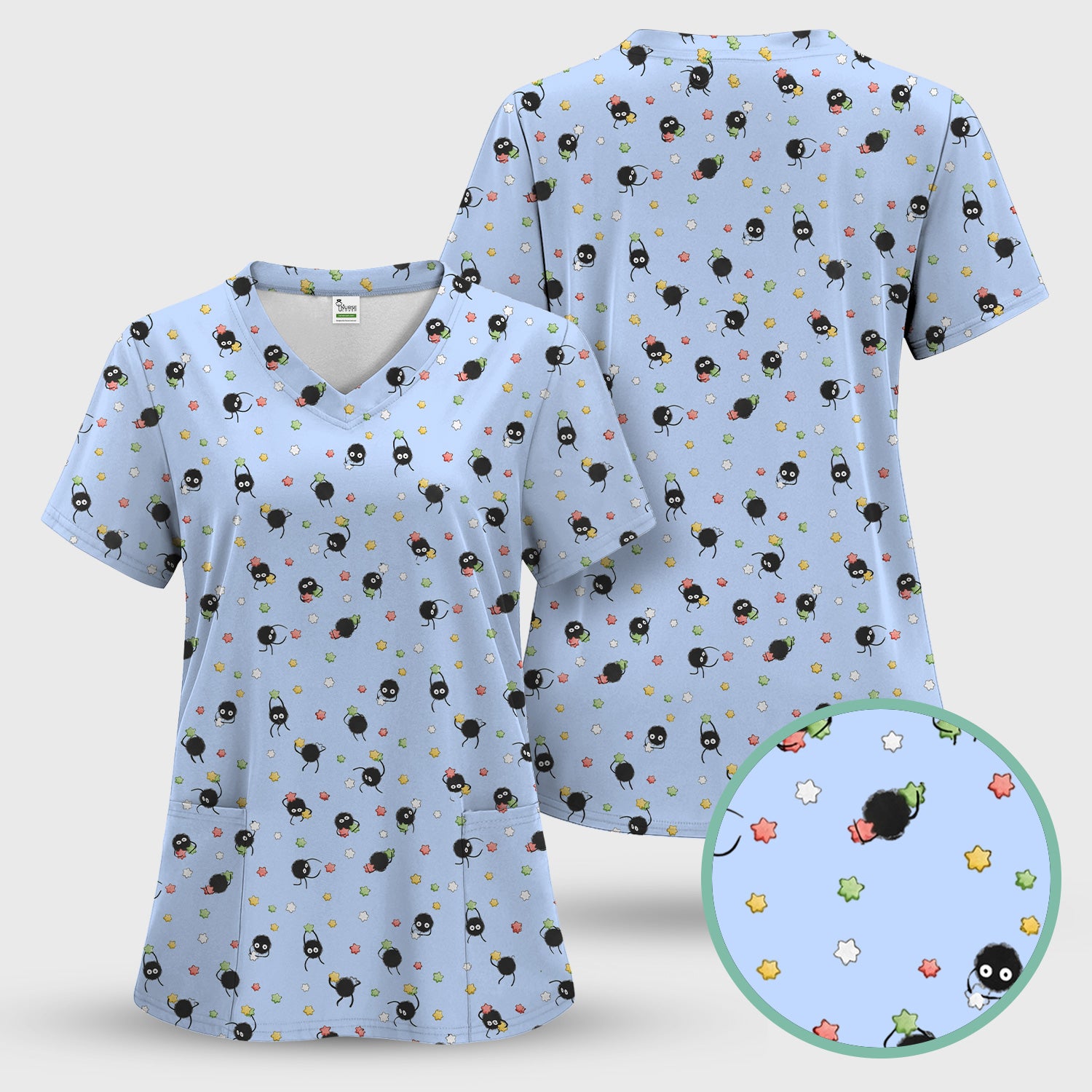 Funny Spider Pattern Pattern Pattern Scrub Top, Cartoon Spider Pattern Nursing Uniform For Women