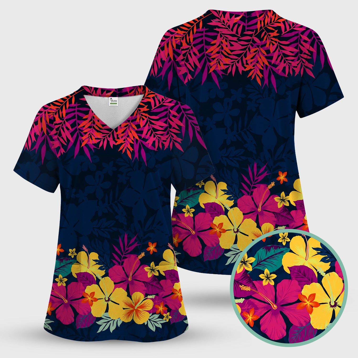 Tropical Hibiscus Palm Leaf Pattern Scrub Top, Comfortable Scrubs for Nurses