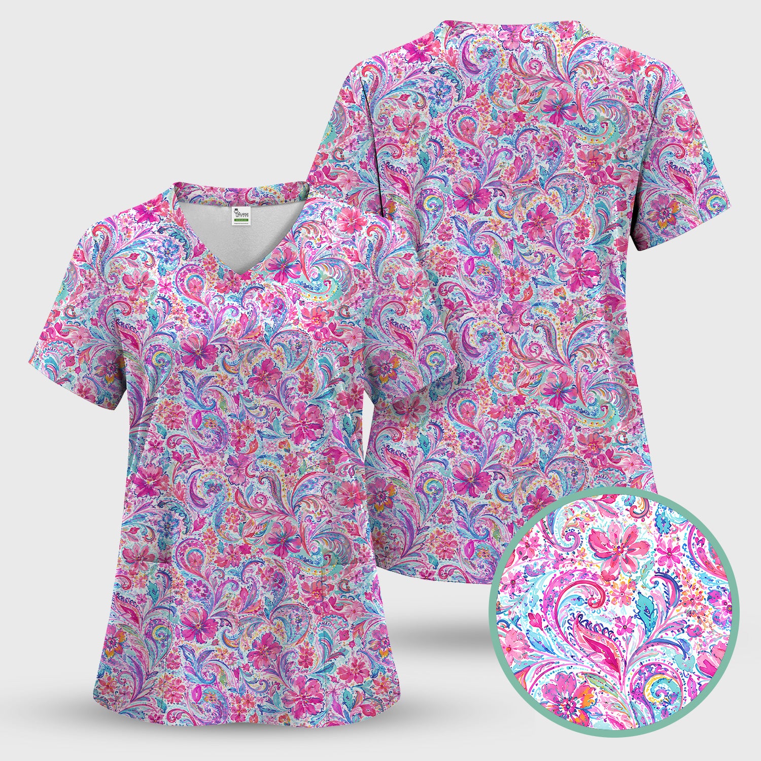 Elegant Pink Paisley Blossom Pattern Scrub Top, Comfortable Scrubs for Nurses
