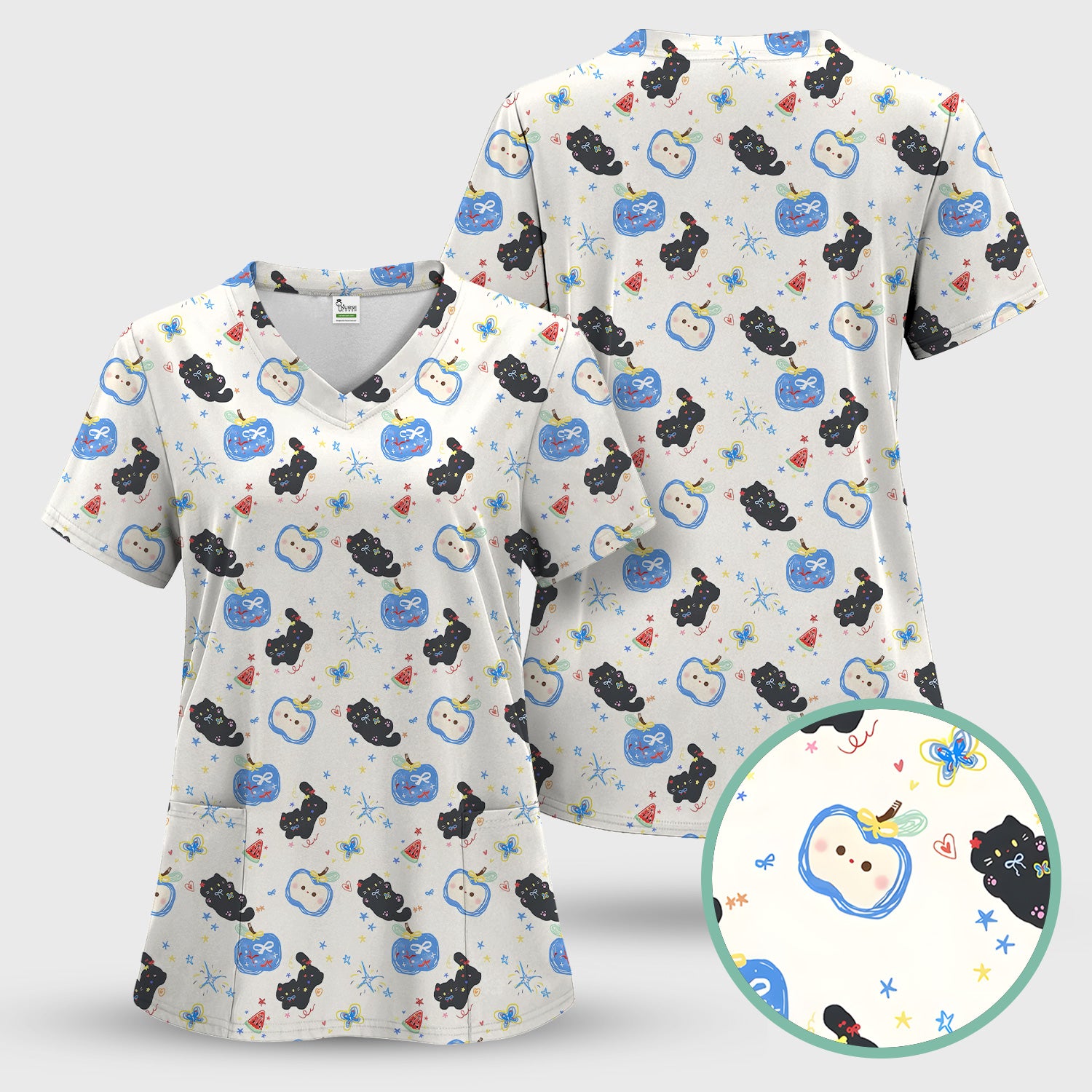 Cute Black Cat and Apple Print V Neck Scrub Top for Nurses