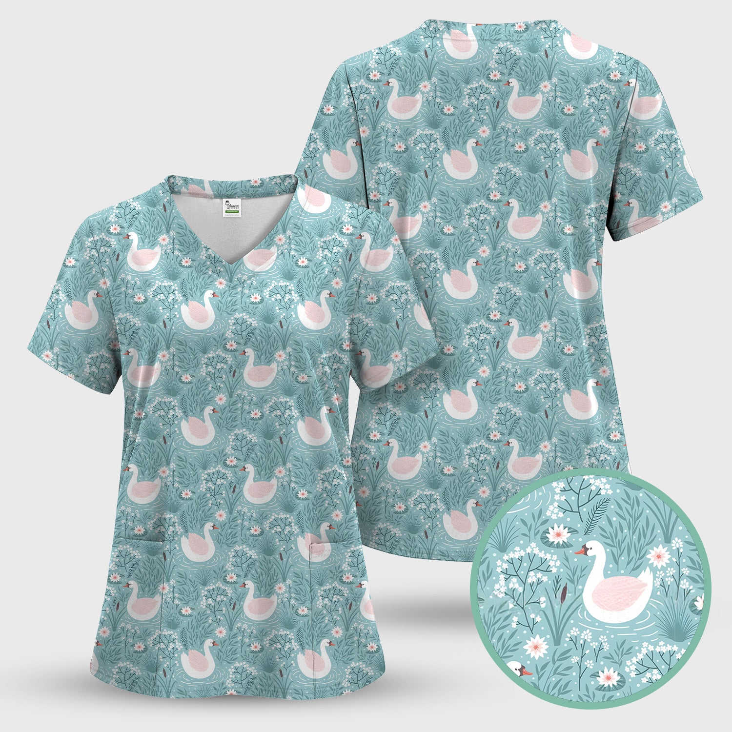 Sweet Swan Waterlily Garden Pattern Scrub Set, Scrub Pants and V Neck Top