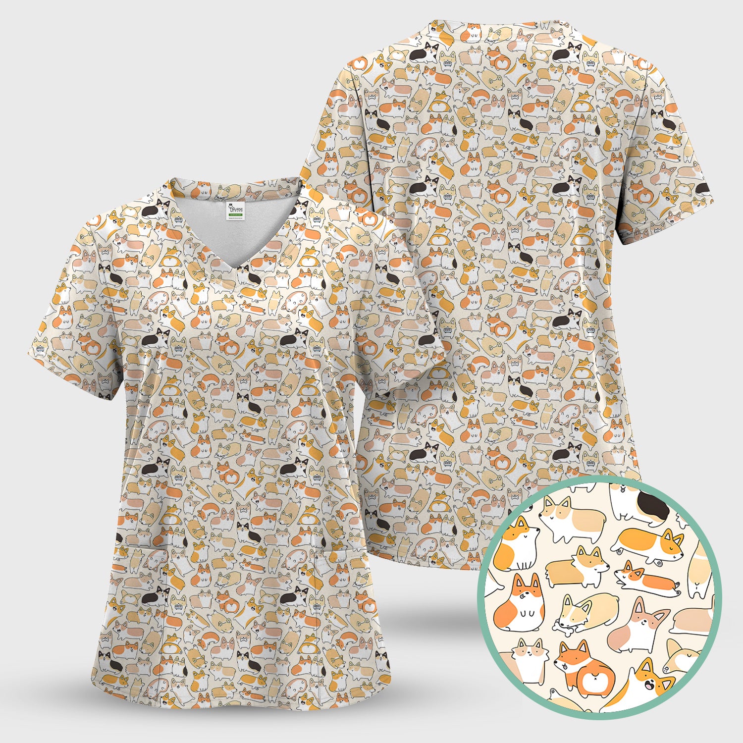 Cute Corgi Dog All Over Print Scrub Top, Comfortable Scrubs for Nurses