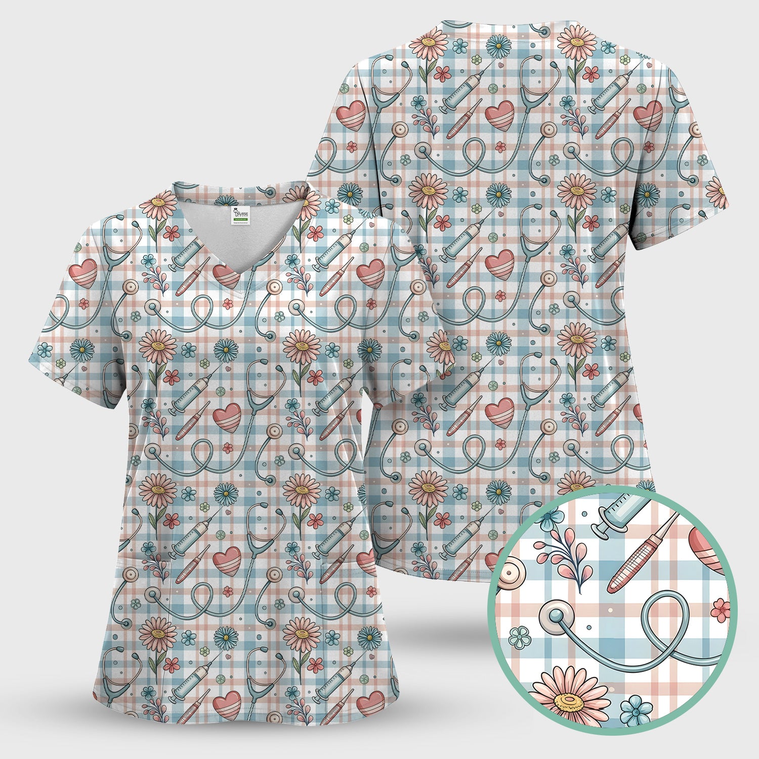 Stethoscope Heart Syringe Floral Plaid Pattern Scrub Set, Scrub Pants and V Neck Top