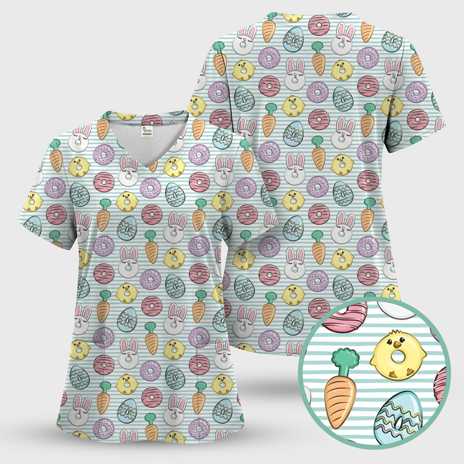 Funny Easter Chick Bunny Pattern Scrub Top, Breathable Fabrics Nursing Uniform