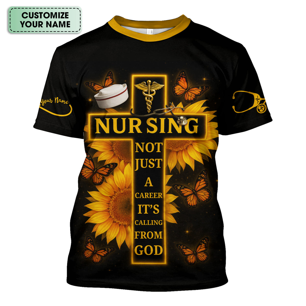 Personalized Nurse Faith Scrub Top - Religious RN CNA LPN Work Shirt - Custom Gift for Nurses Healthcare Workers with Sunflower Butterfly
