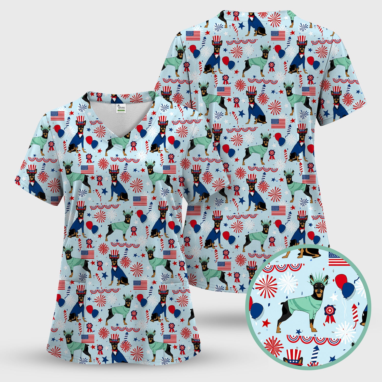 Patriotic Doberman Liberty Fireworks Pattern Scrub Set, Scrub Pants and V Neck Top
