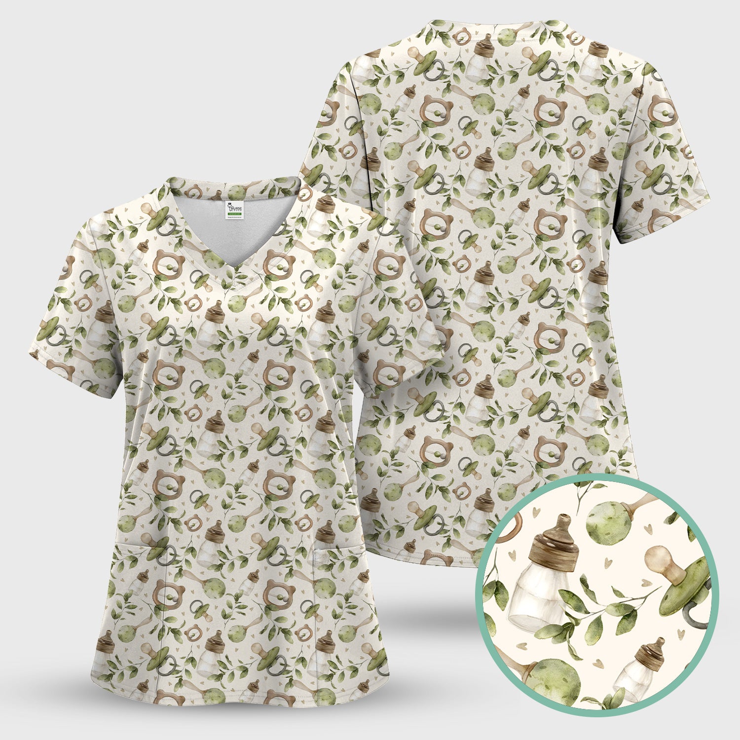 Cute Baby Bottle and Greenery Pattern Scrub Top, Breathable Fabrics Nursing Uniform