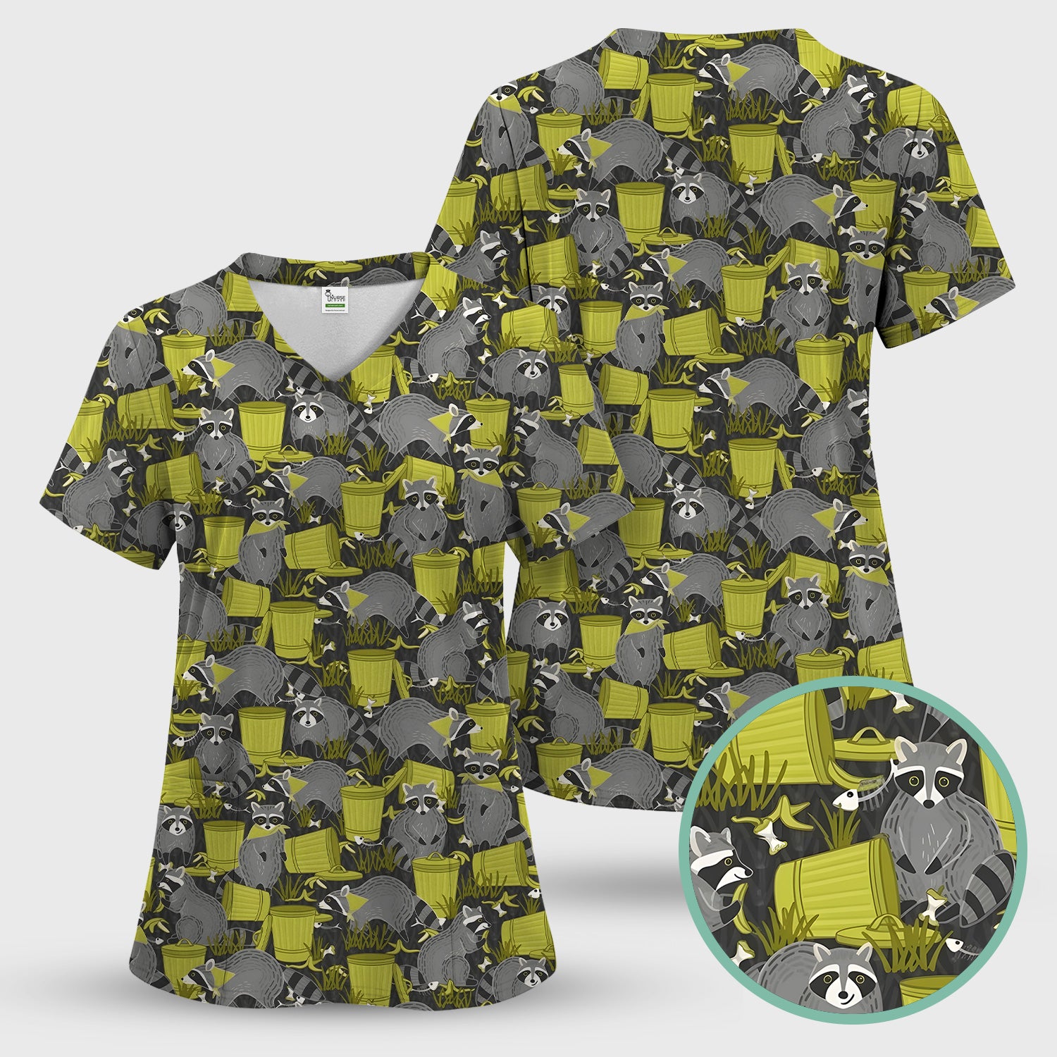 Cute Raccoon Trash Panda Pattern Scrub Top, Comfortable Scrubs for Nurses